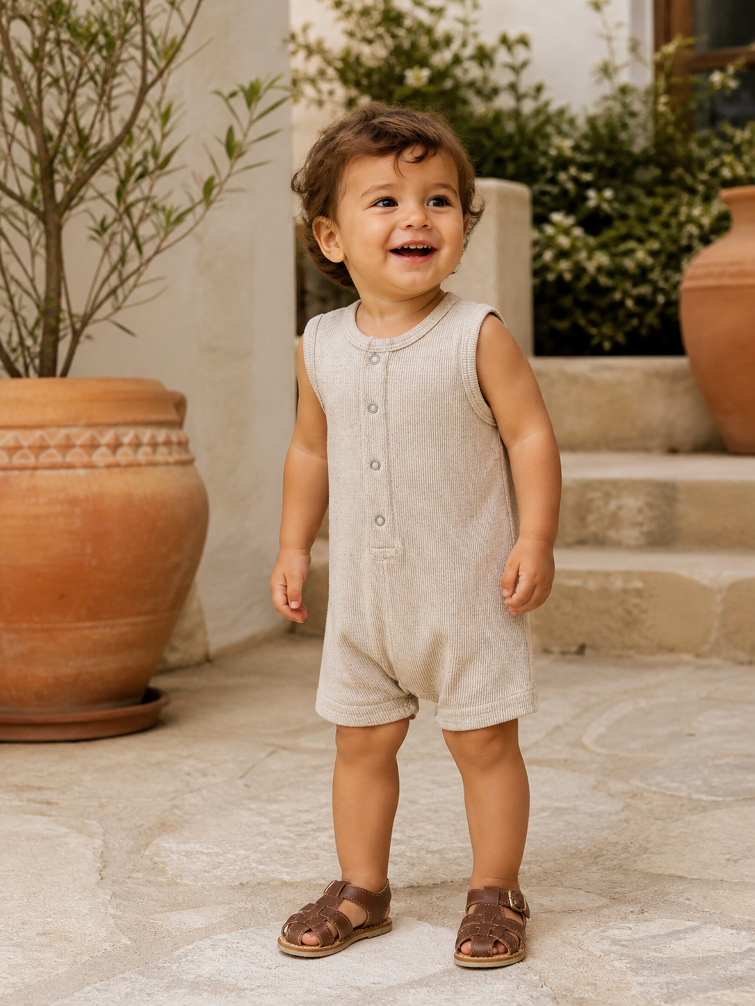 Smiling toddler in a beige onesie stands on stone steps near potted plants, wearing brown sandals.