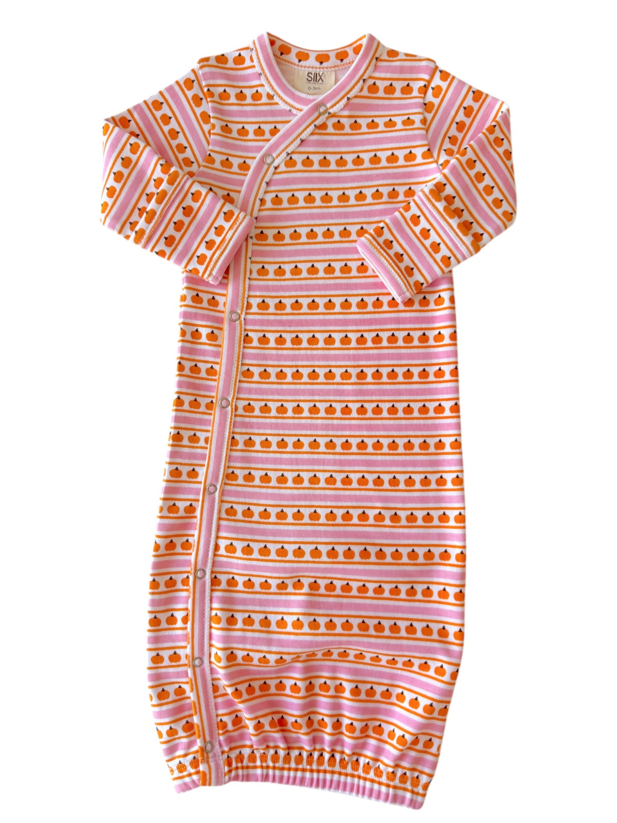 Infant sleep sack with pumpkin pattern in orange and pink stripes, featuring snap closures along the side.