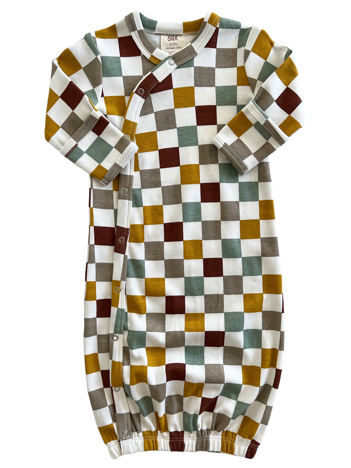 Colorful checkered baby gown in yellow, brown, green, and white pattern with snap closure and gathered bottom.