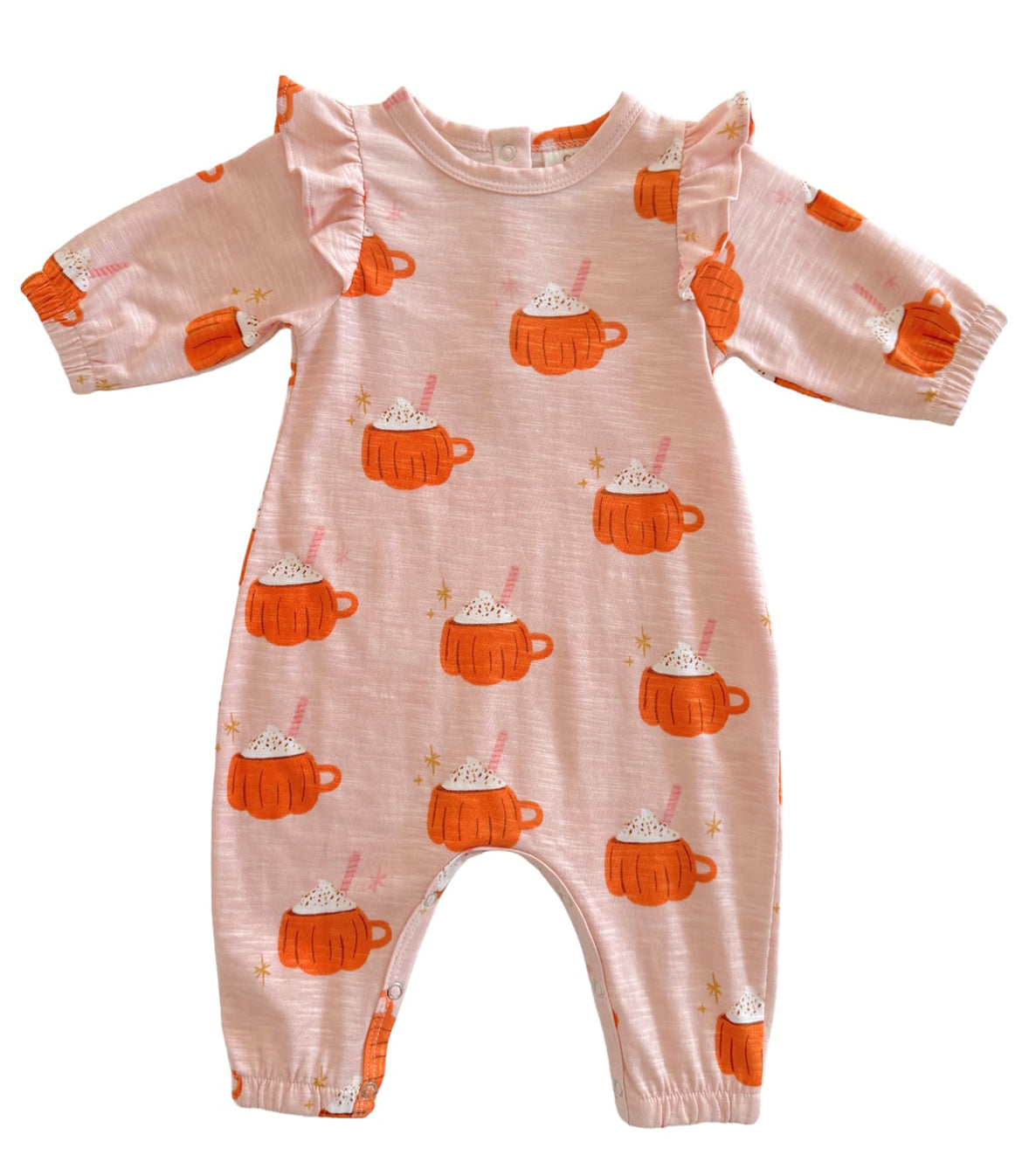 Pumpkin Mug Pink / Organic Long Sleeve Ruffle Jumpsuit