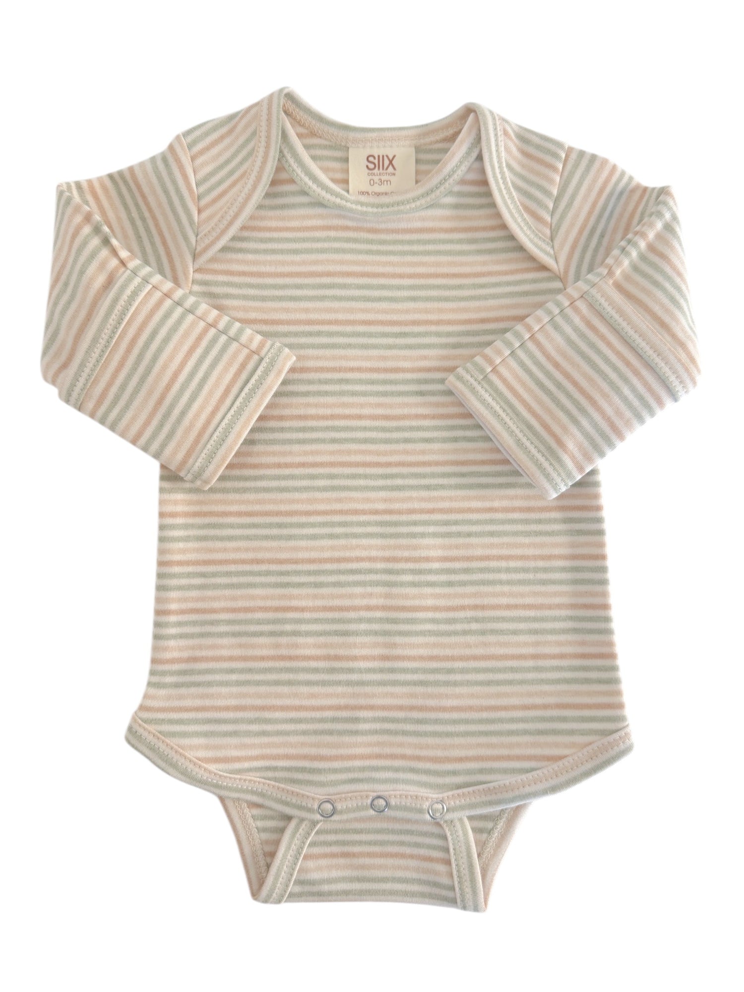 Striped infant onesie in pastel colors, featuring long sleeves and snap closure at the bottom. Size: 0-3 months.