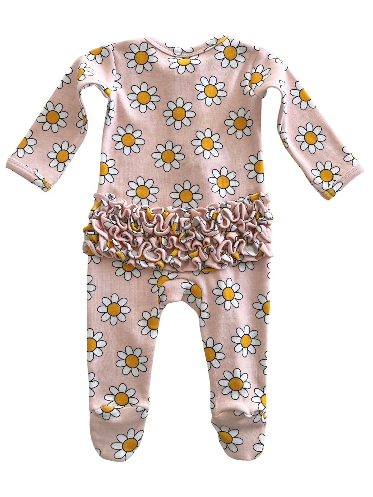 Pink floral romper with long sleeves and ruffled waistband featuring daisies and yellow centers.