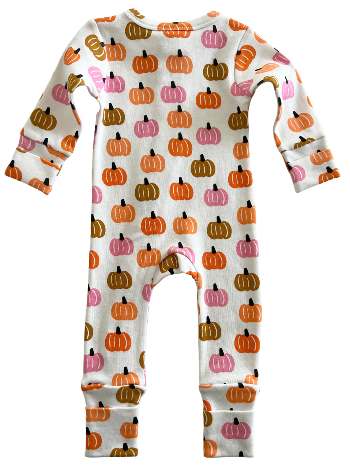 Infant onesie featuring colorful pumpkin patterns in orange, pink, and brown on a white background.