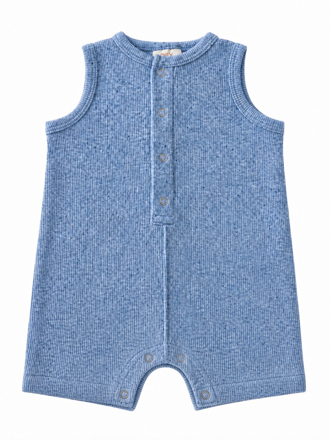 Light blue sleeveless baby romper with textured fabric and snap buttons down the front.