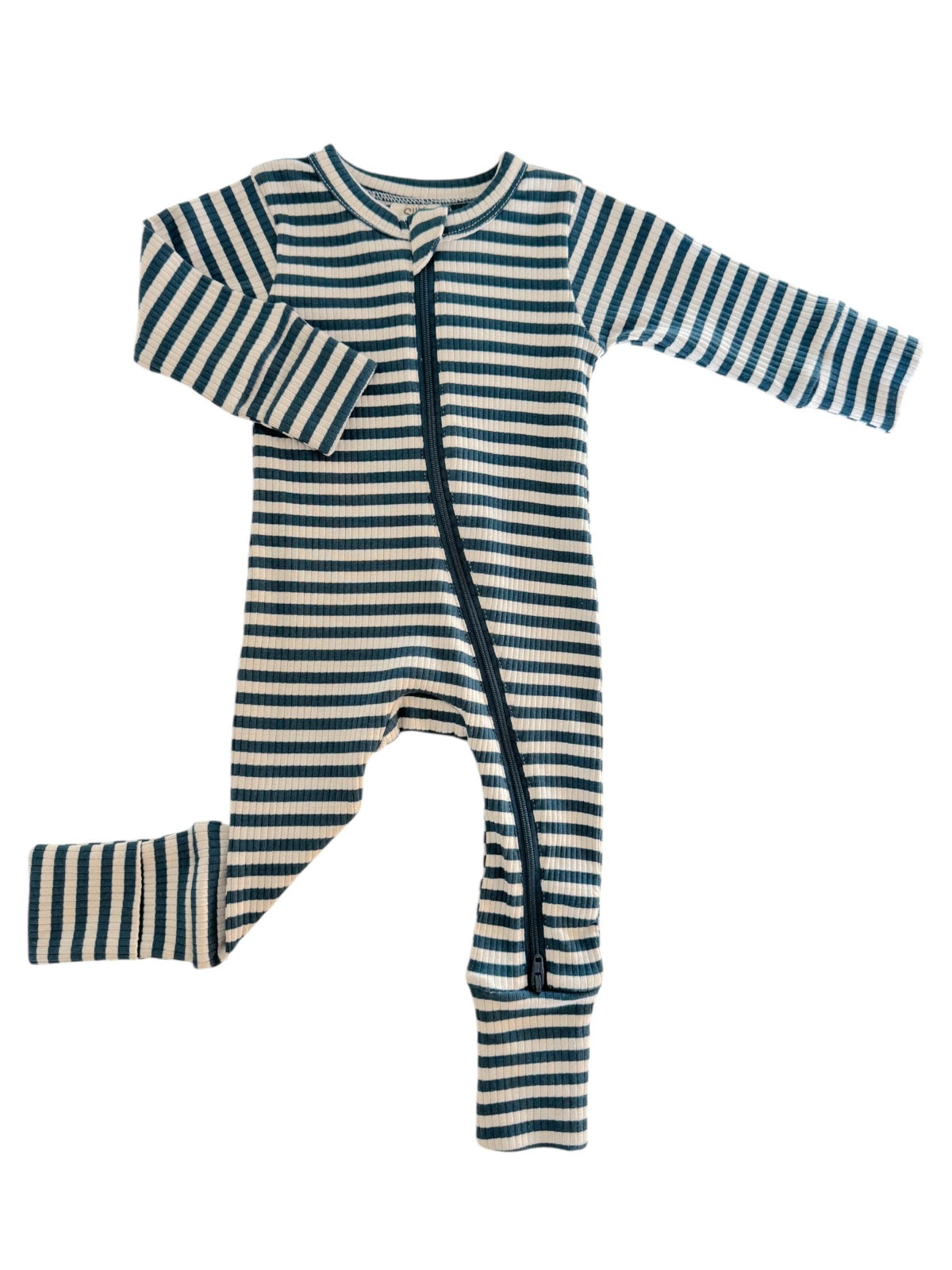 Striped children's pajama onesie in blue and cream, featuring a front zipper and long sleeves.