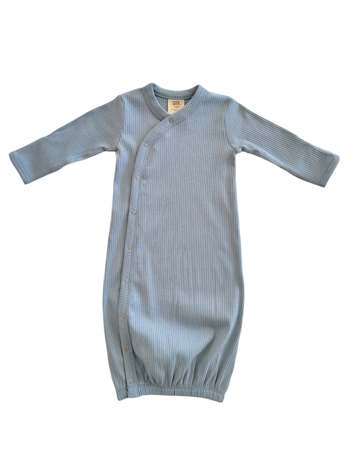 Light blue ribbed baby sleeping gown with long sleeves and snaps along the front. Soft and comfortable for infants.
