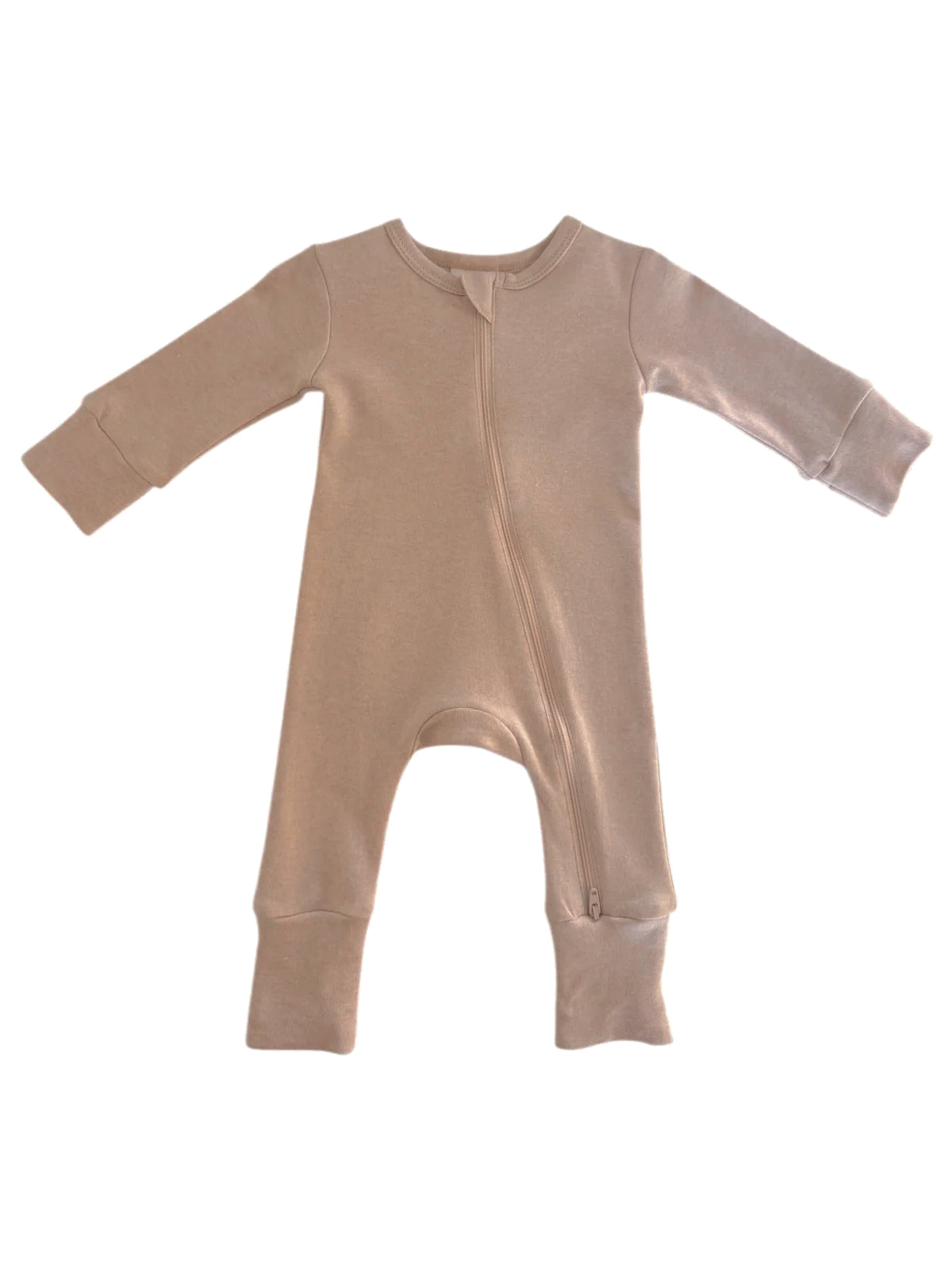 Tan zip-up baby onesie with long sleeves and footed legs, laid flat on a white background.