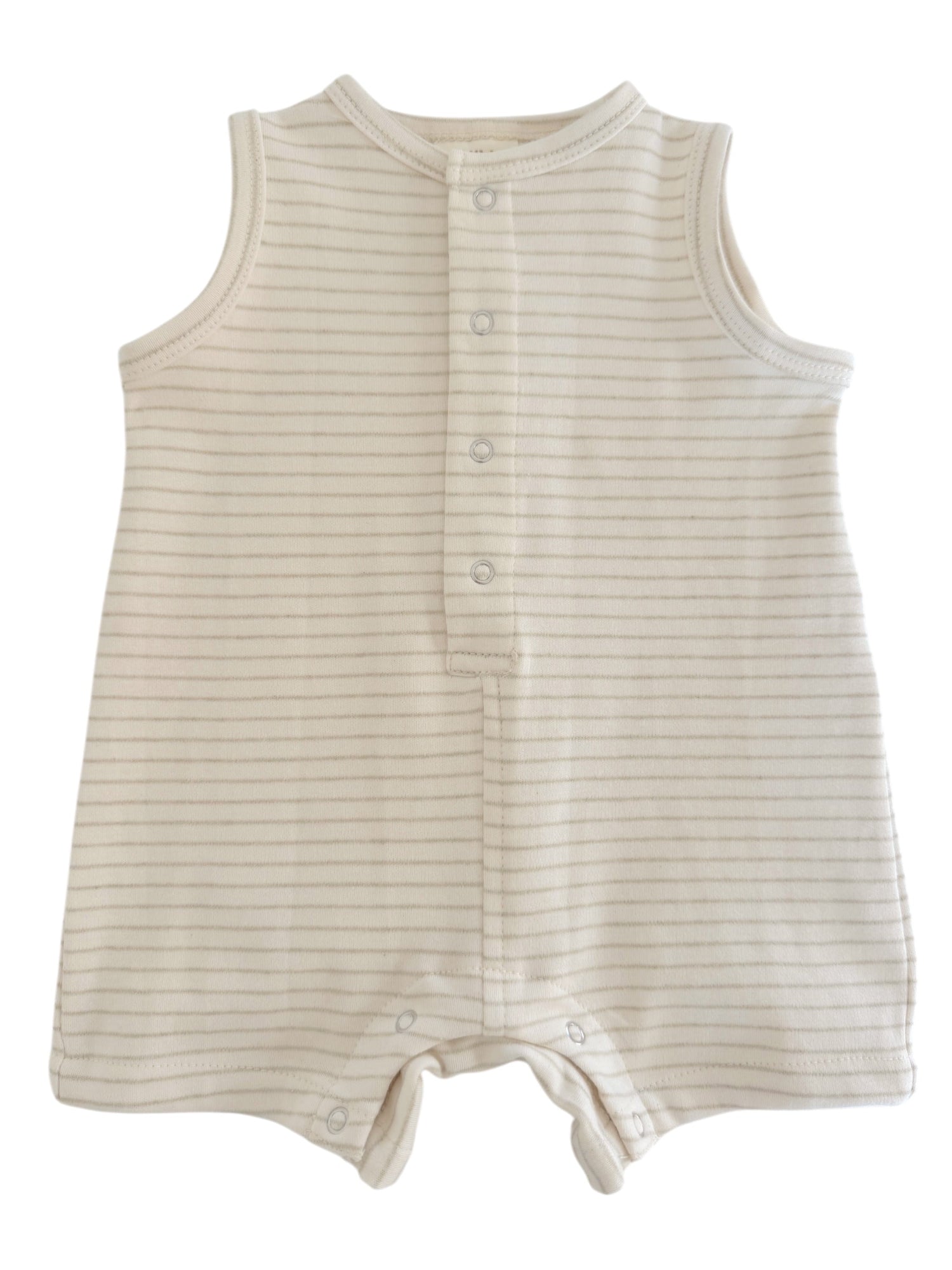 Lightly striped cream-colored sleeveless baby onesie with snap buttons and a soft fabric.