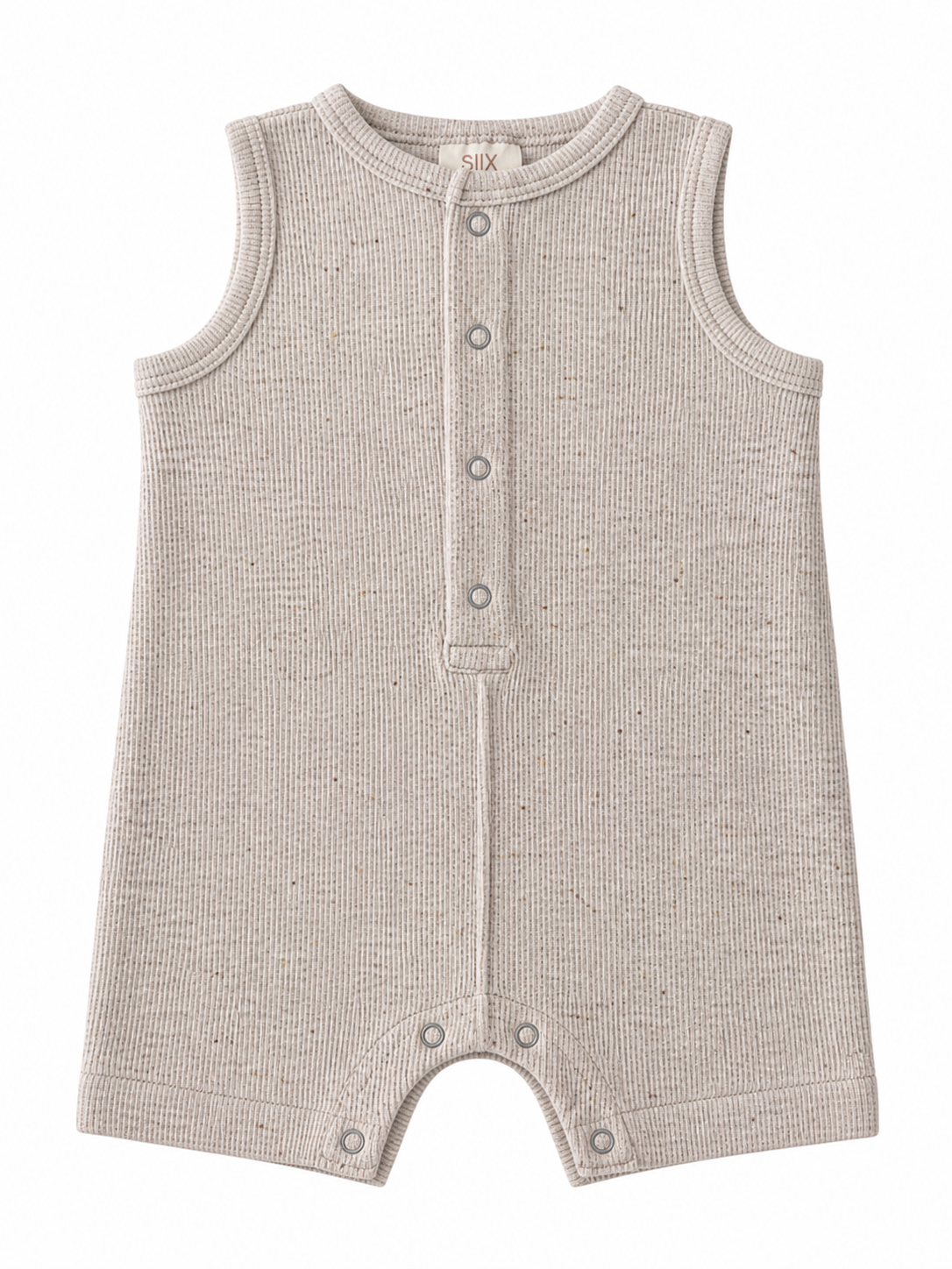Light gray, sleeveless baby romper with front buttons and a textured fabric design. Ideal for warm weather wear.
