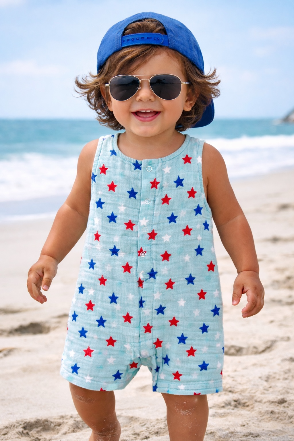 Splendid Stars Blue / Muslin Shortie Romper