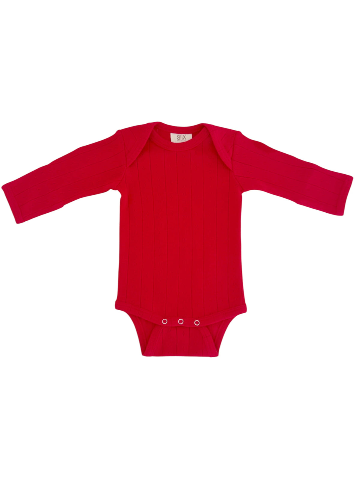 Red long-sleeve baby bodysuit with ribbed texture and snap closures at the bottom. Suitable for infants and toddlers.