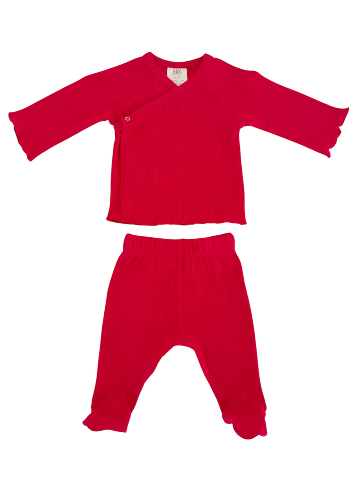 Red baby outfit including a wrap-style top and matching pants with ribbed texture and flared sleeves and cuffs.
