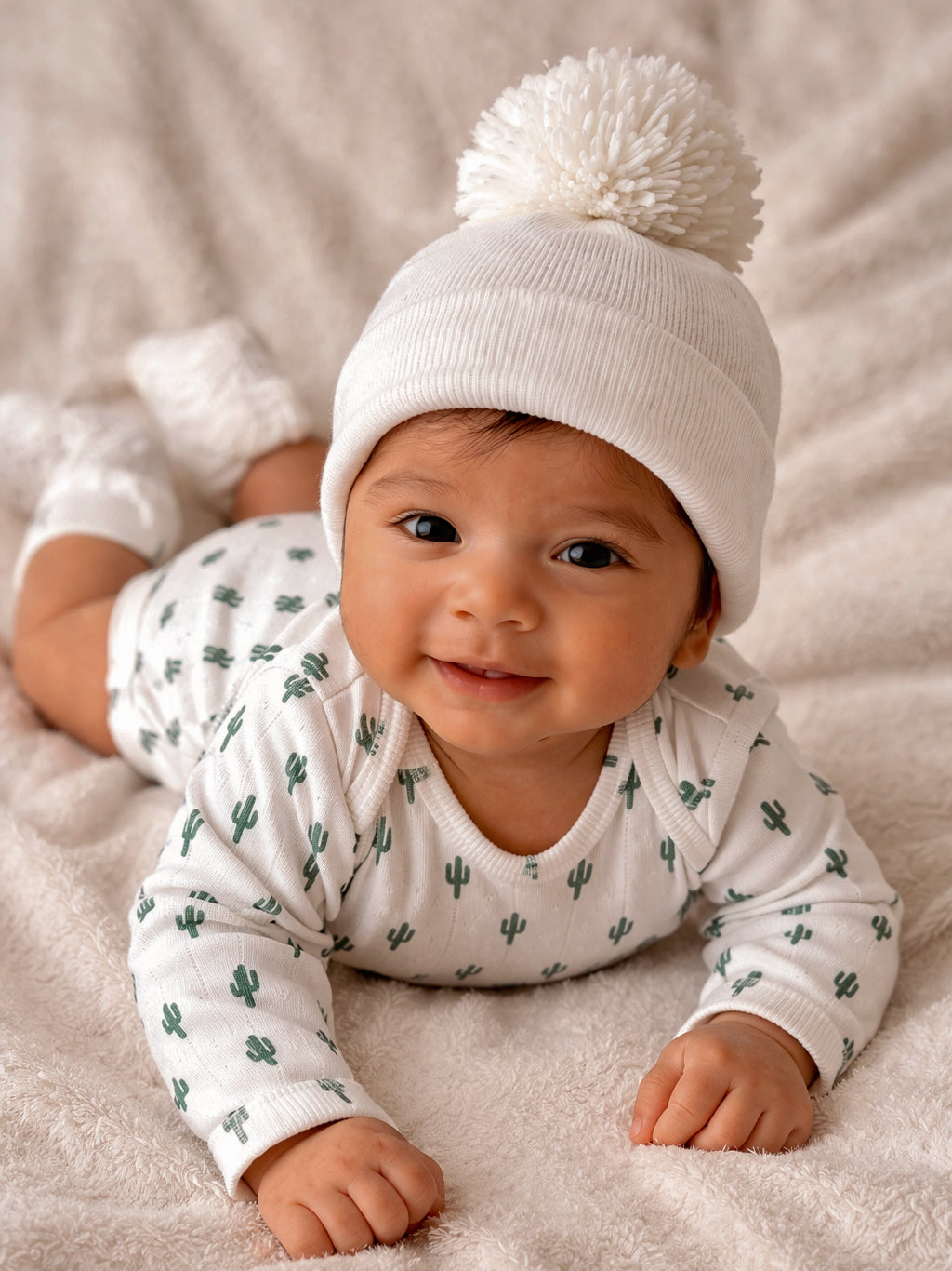 Baby in a cactus-patterned onesie and white pom-pom hat, smiling on a fluffy blanket.
