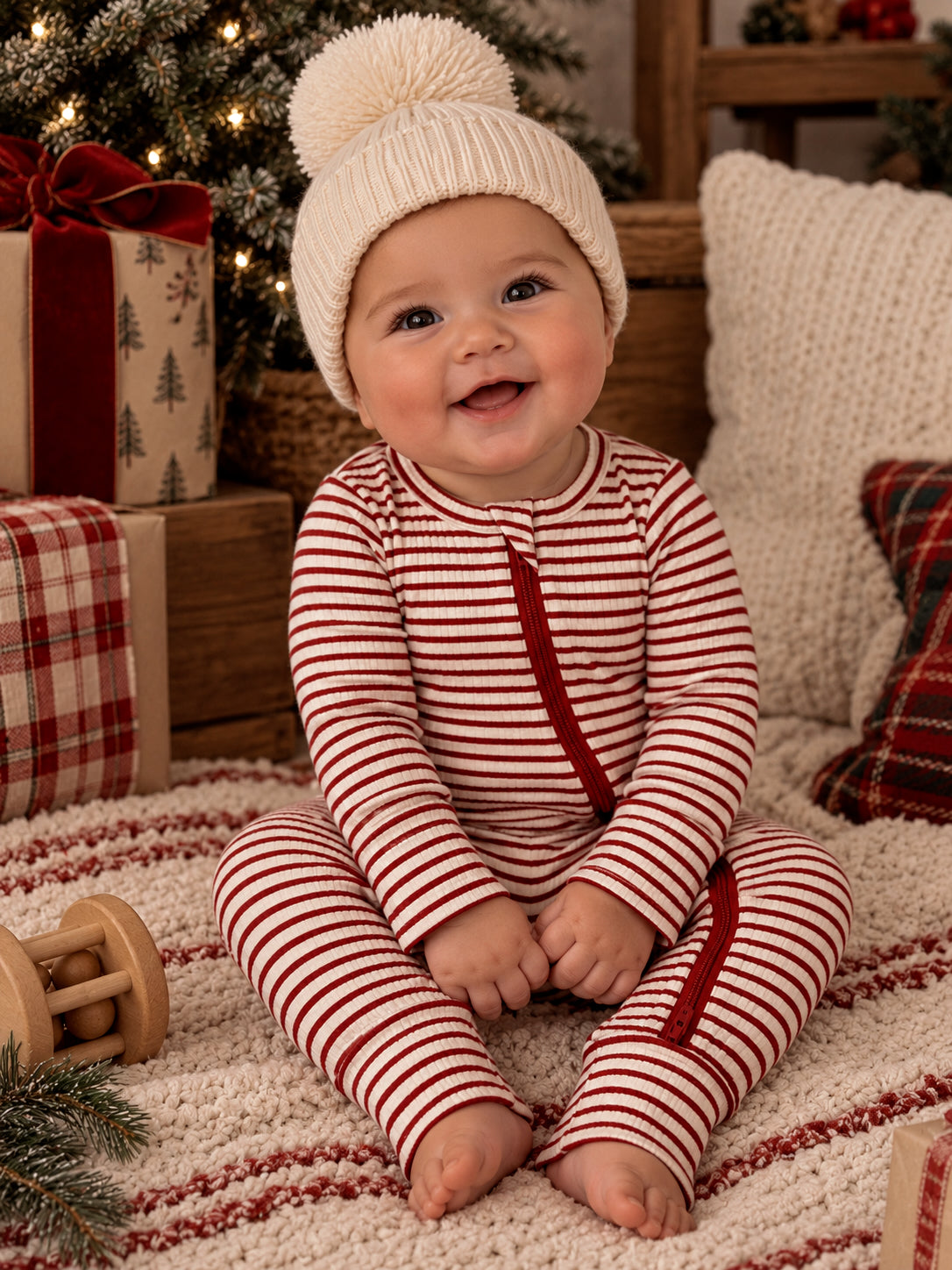 Red Stripe / Ribbed 2-Way Zip Romper