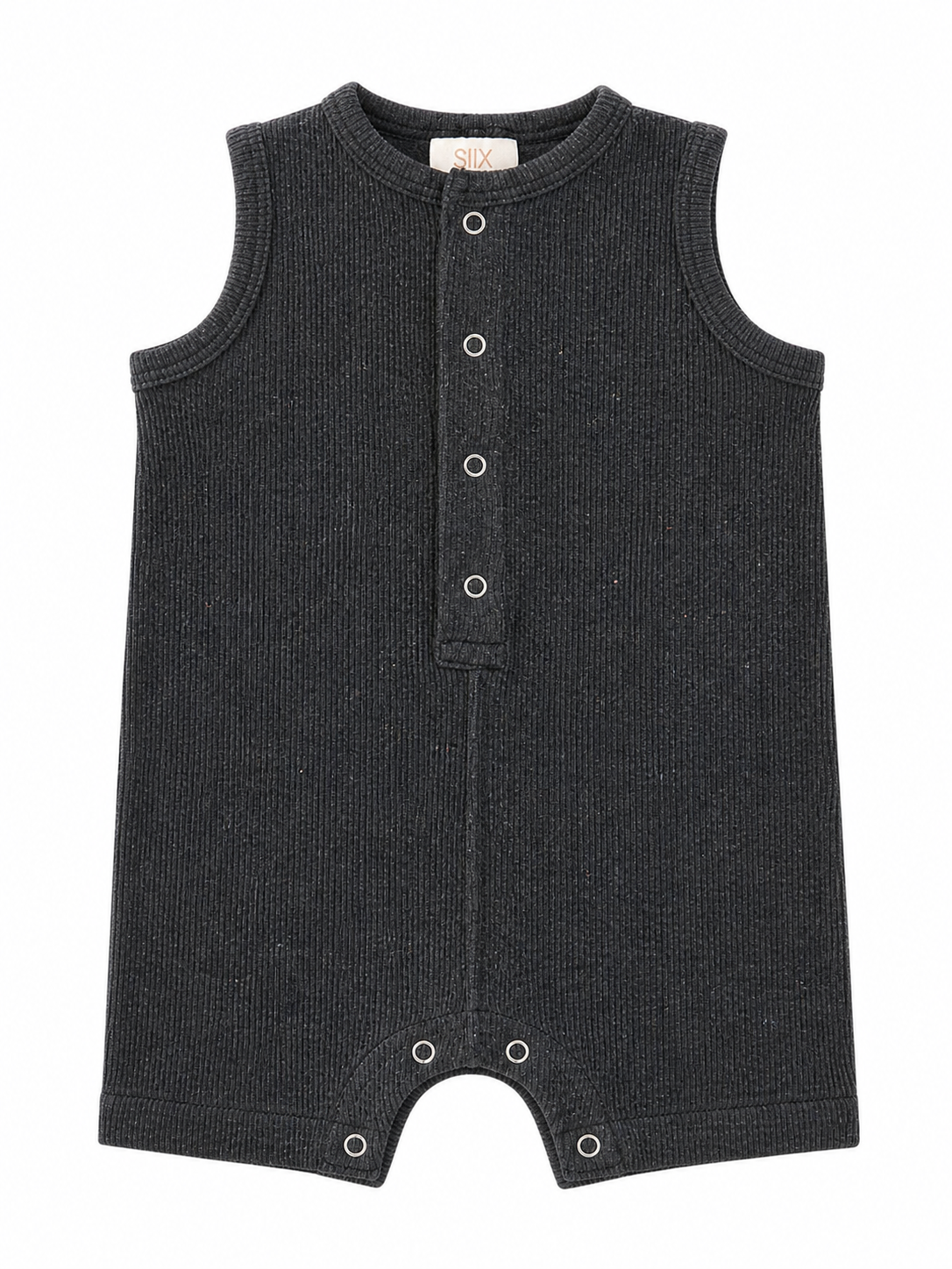 Gray sleeveless baby romper with button closure and small leg openings. Ideal for comfort and play.