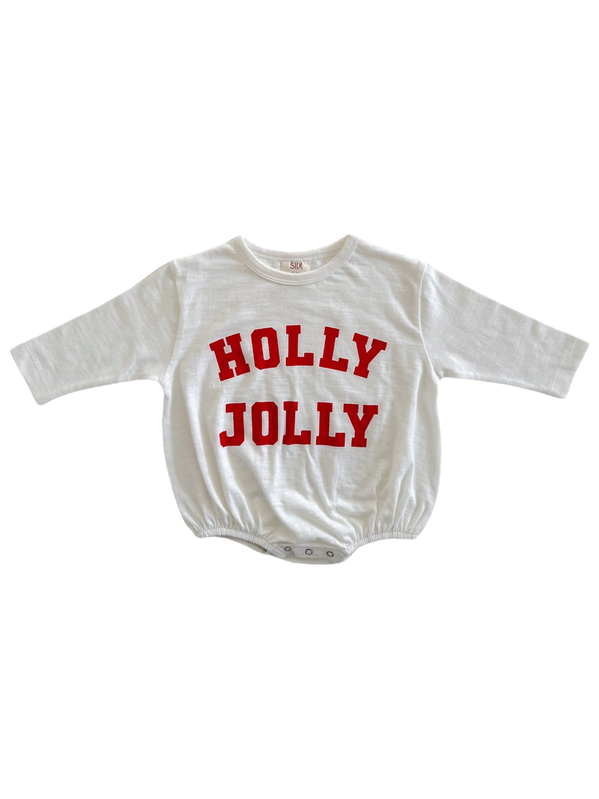 White long-sleeve onesie with red text reading