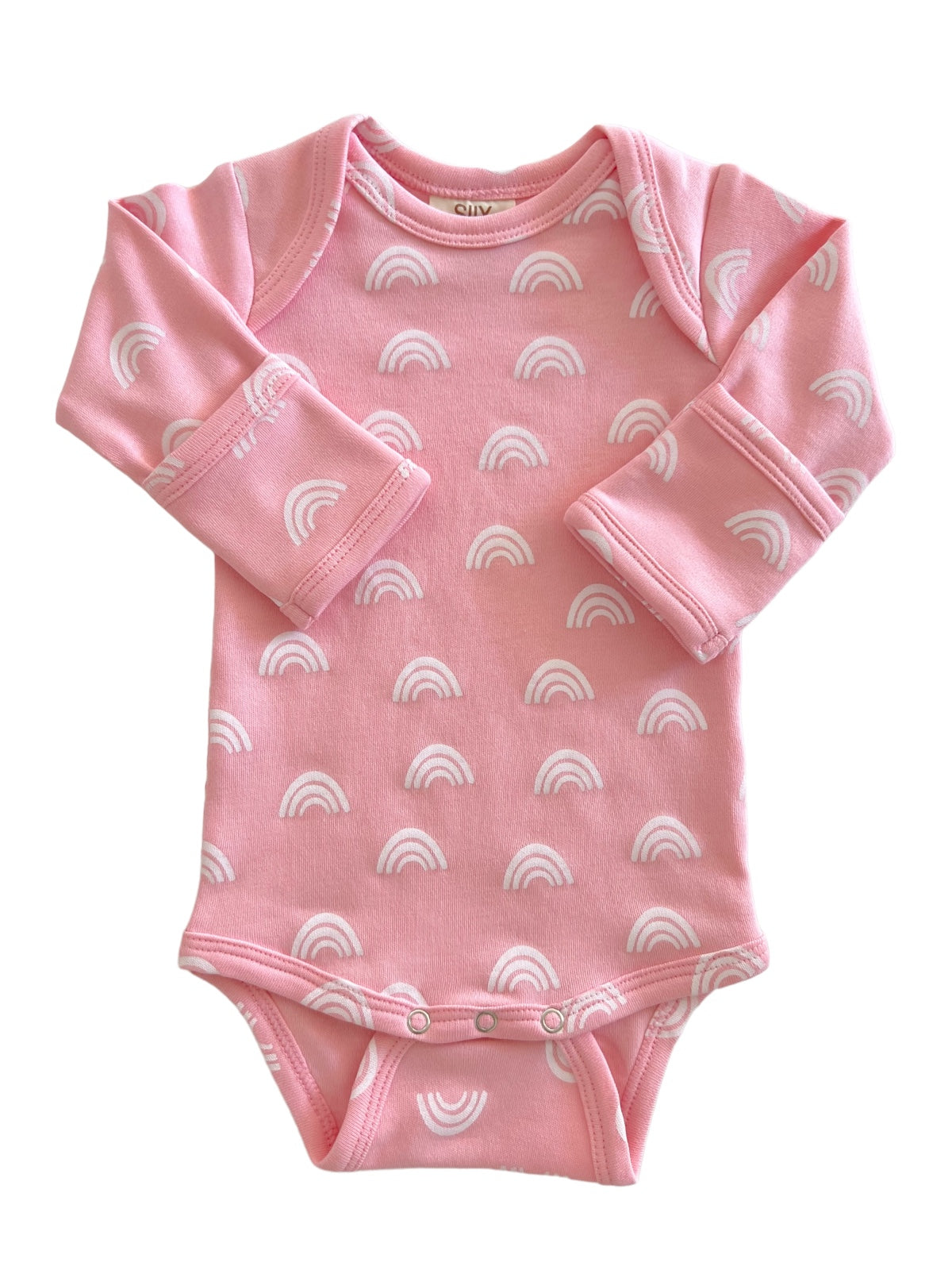 Pink baby onesie with white rainbow patterns, featuring long sleeves and snap closure at the bottom.