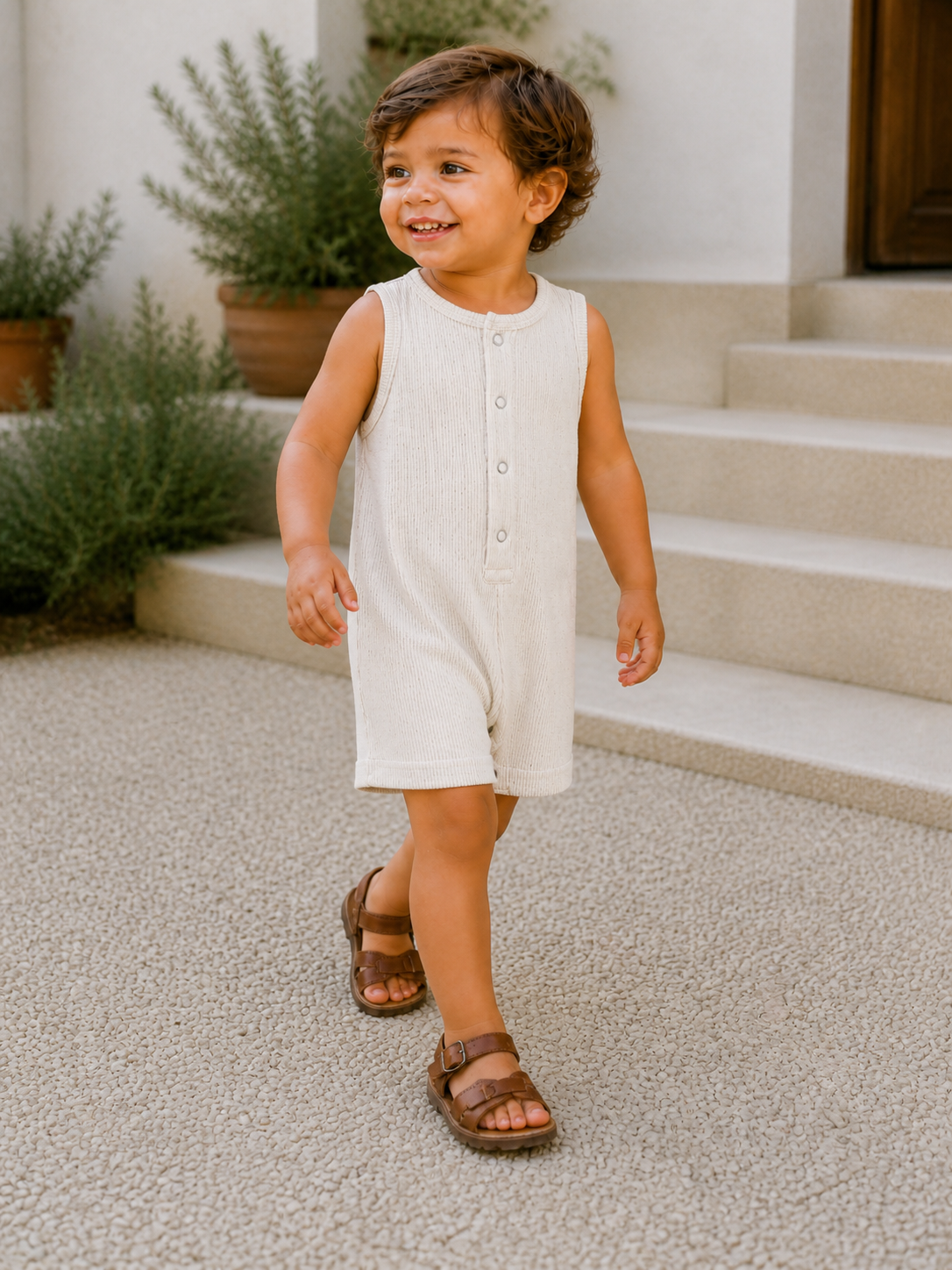 Smiling toddler in a light romper and brown sandals walking on textured outdoor steps. Green plants in the background.