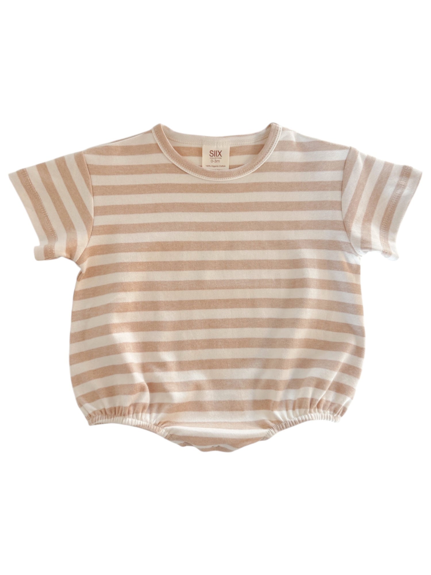 Beige striped baby onesie with short sleeves and gathered bottom, ideal for comfort and style.