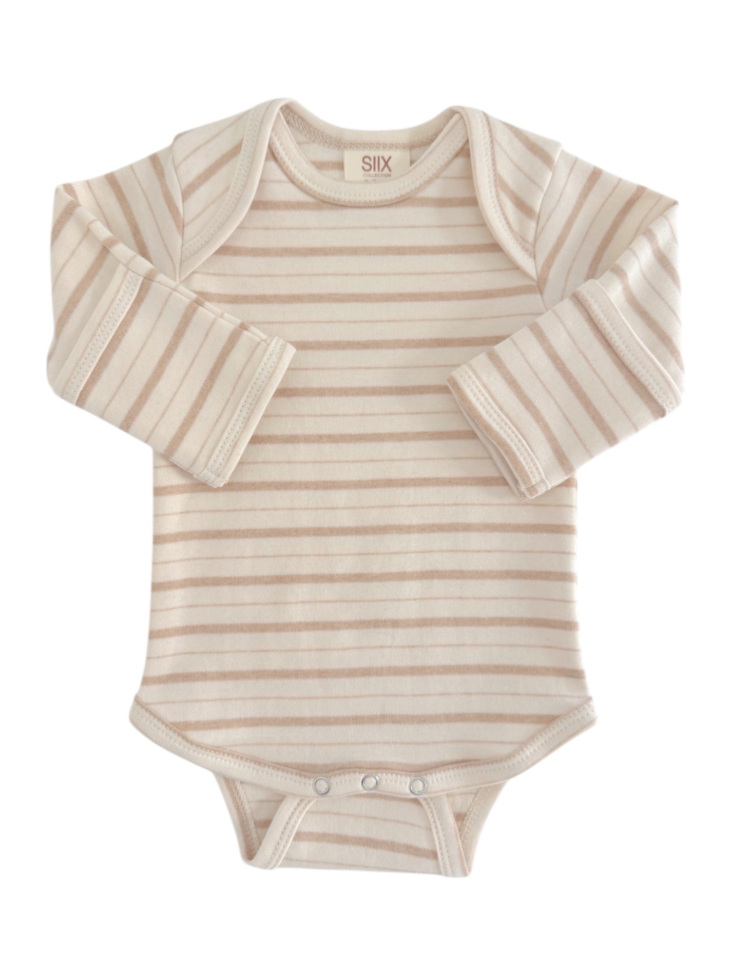 Light striped baby onesie with long sleeves and snap closure at the bottom. Perfect for infants.