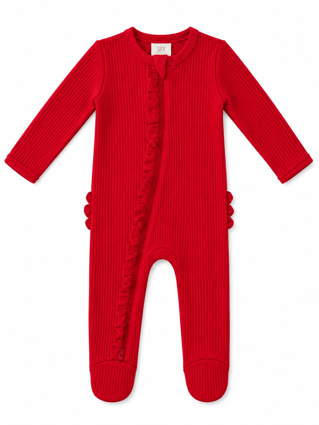 Red / Ribbed Frill 2-Way Zip Footie
