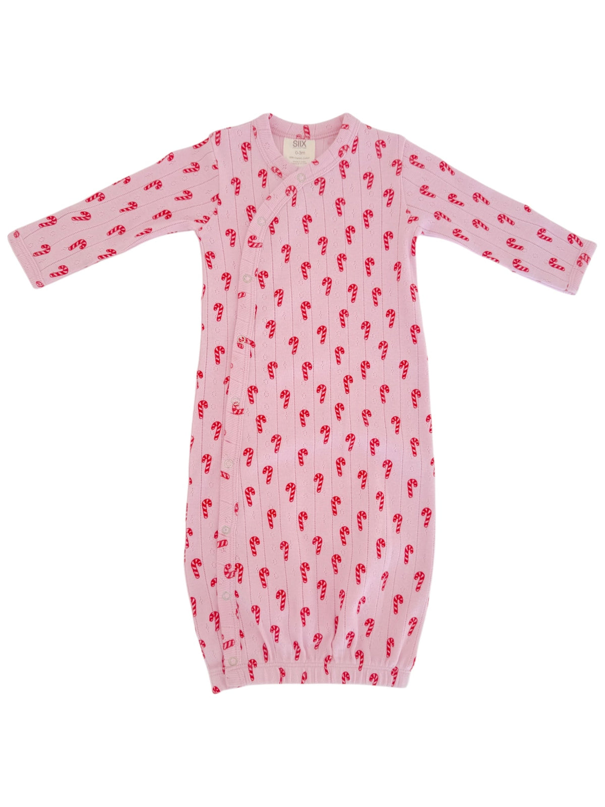 Pink baby gown with candy cane pattern and long sleeves, featuring snap buttons for easy dressing.