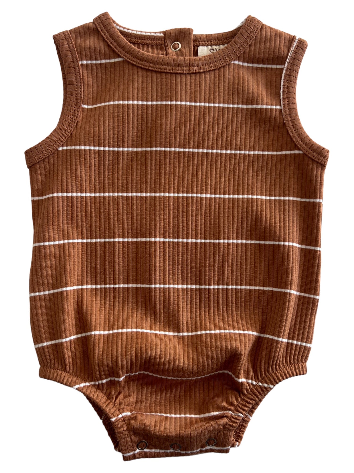 Brown striped baby romper with sleeveless design and snap closure at the bottom. Ideal for warm weather outfits.