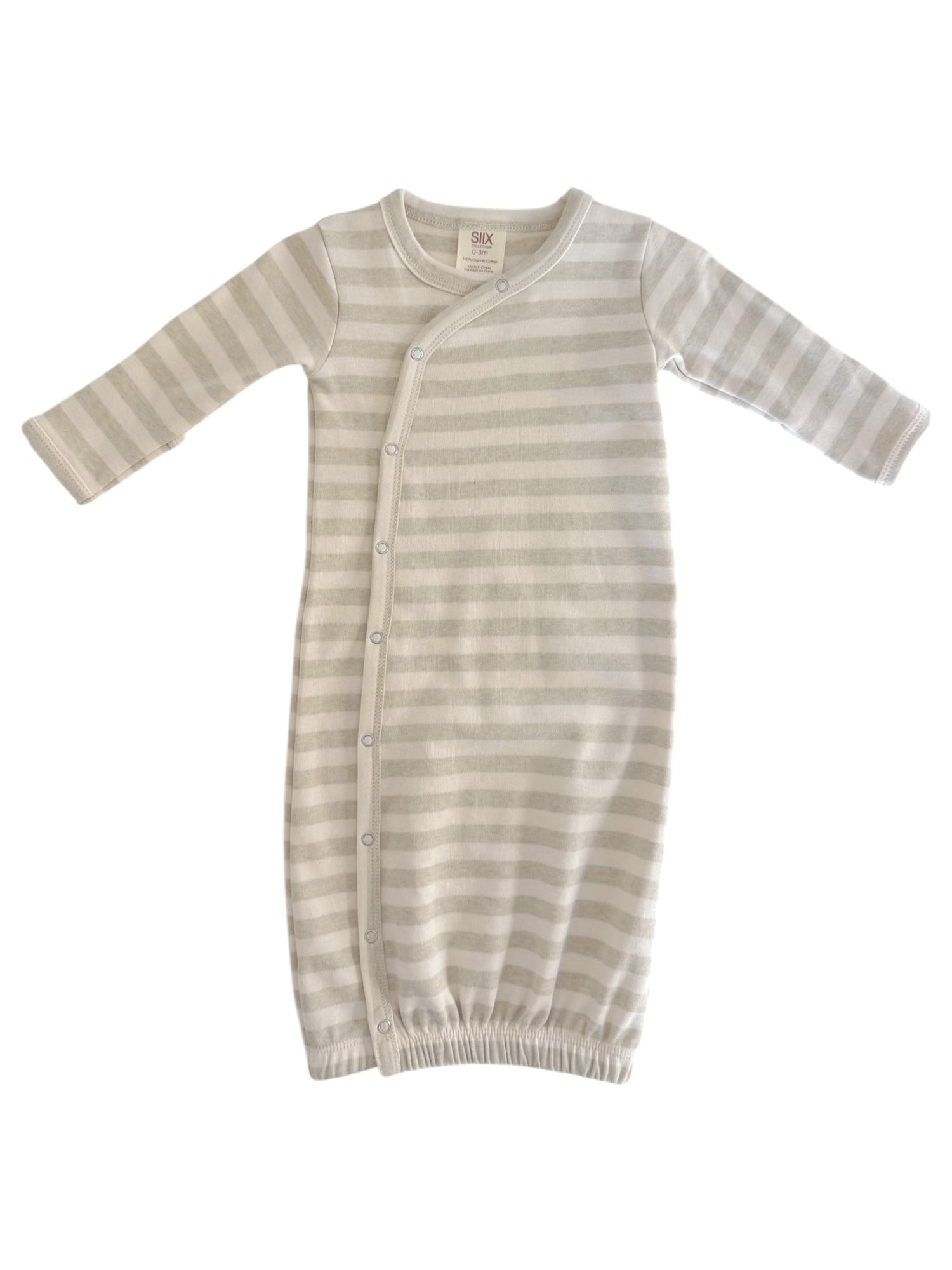 Striped baby gown with long sleeves and button closure, designed for comfort and easy diaper changes.