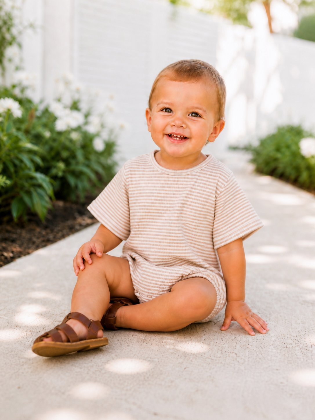 Smiling toddler in striped outfit sitting on a path surrounded by greenery and soft sunlight.
