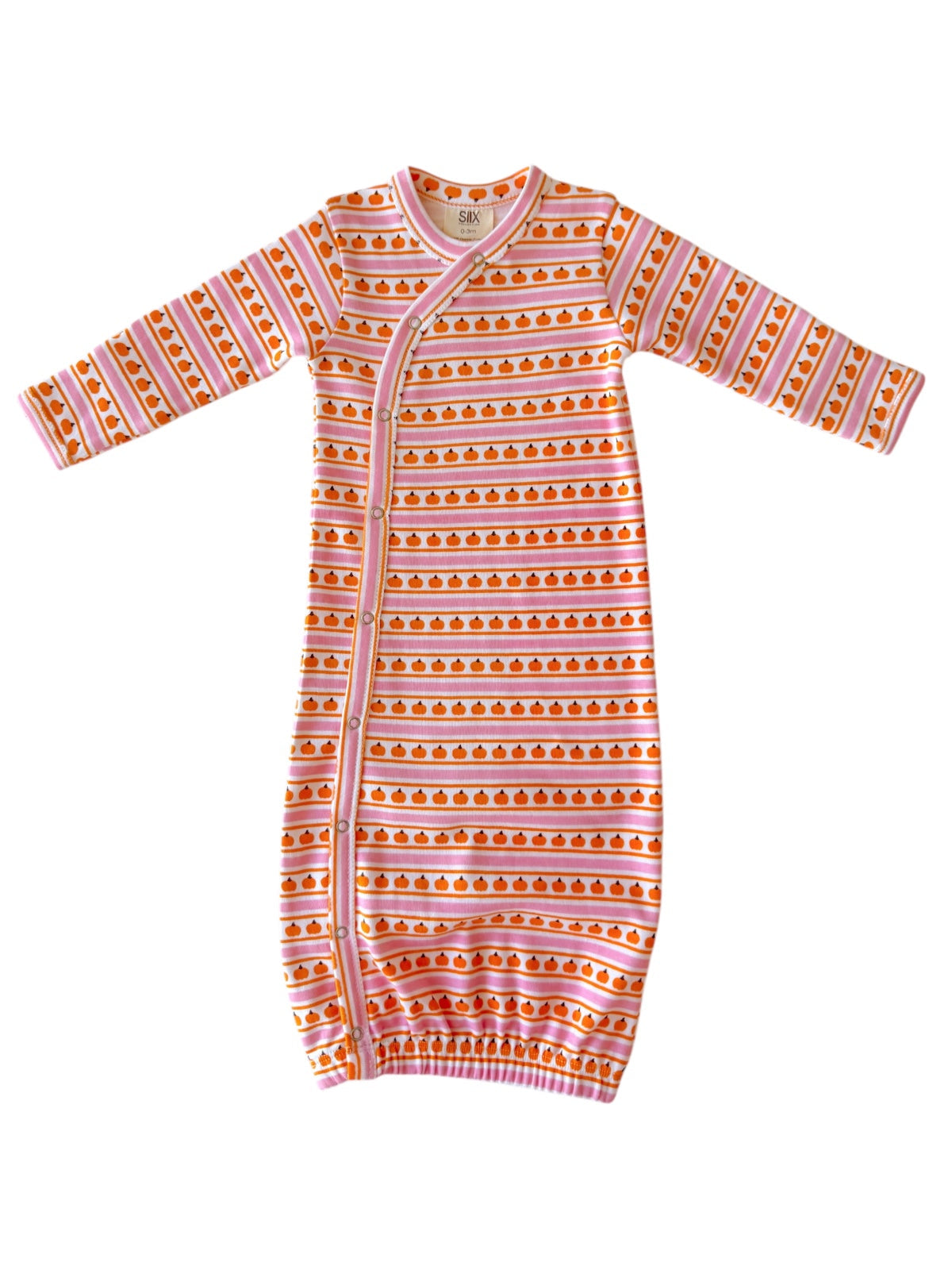 Pink striped baby sleep sack with orange pumpkin patterns and snap closure at the front.