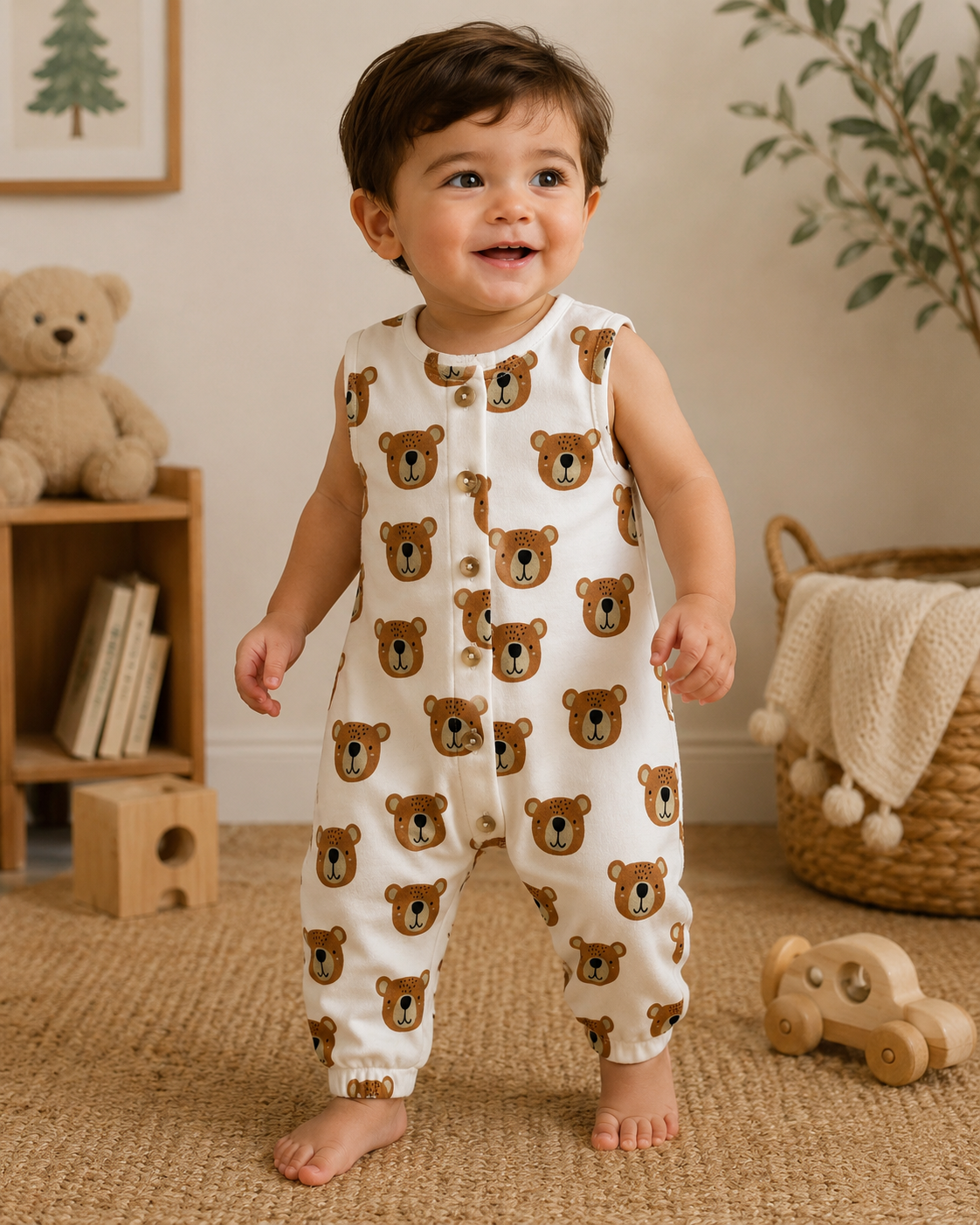 Smiling toddler in bear-patterned romper, standing on carpeted floor with toys and decor in the background.
