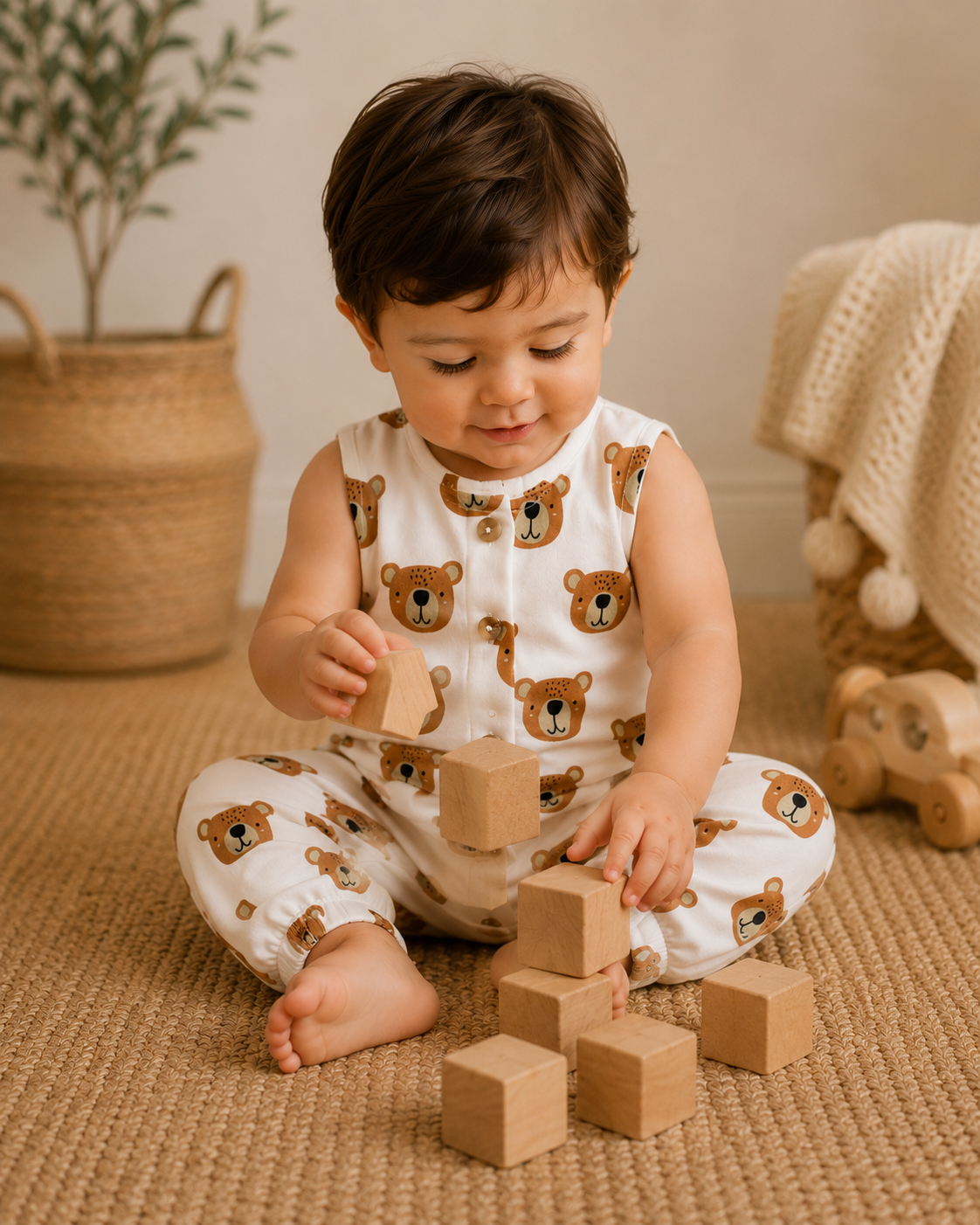 Toddler in bear-patterned outfit stacking wooden blocks on a textured floor, with a cozy ambiance.