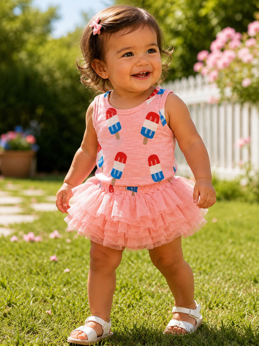 Smiling toddler in a pink ice cream-themed top and tutu, playing on grass with blooming flowers in the background.