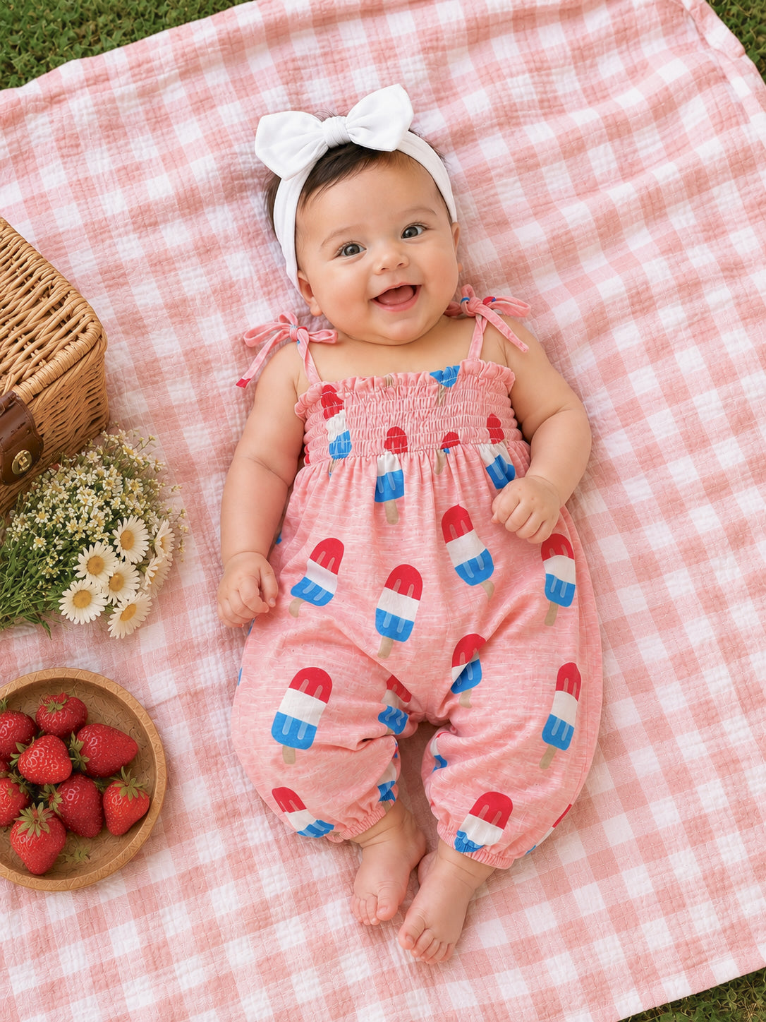 Smiling baby on a picnic blanket, wearing a pink outfit with popsicle prints, surrounded by strawberries and flowers.