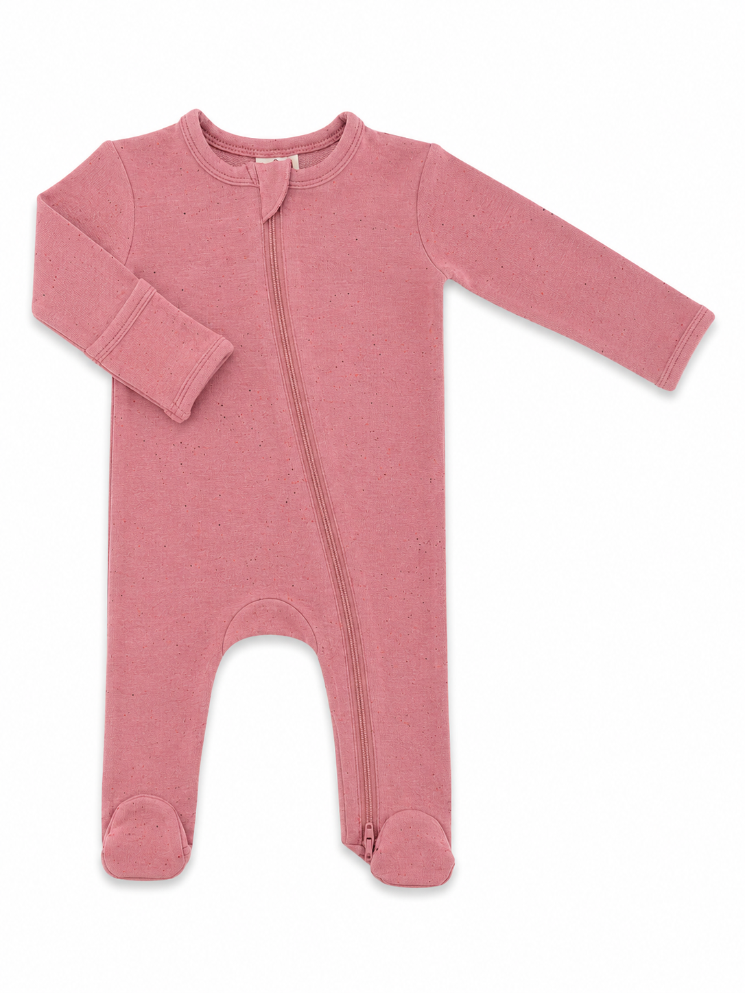 Pink baby onesie with long sleeves and a front zipper for easy dressing.