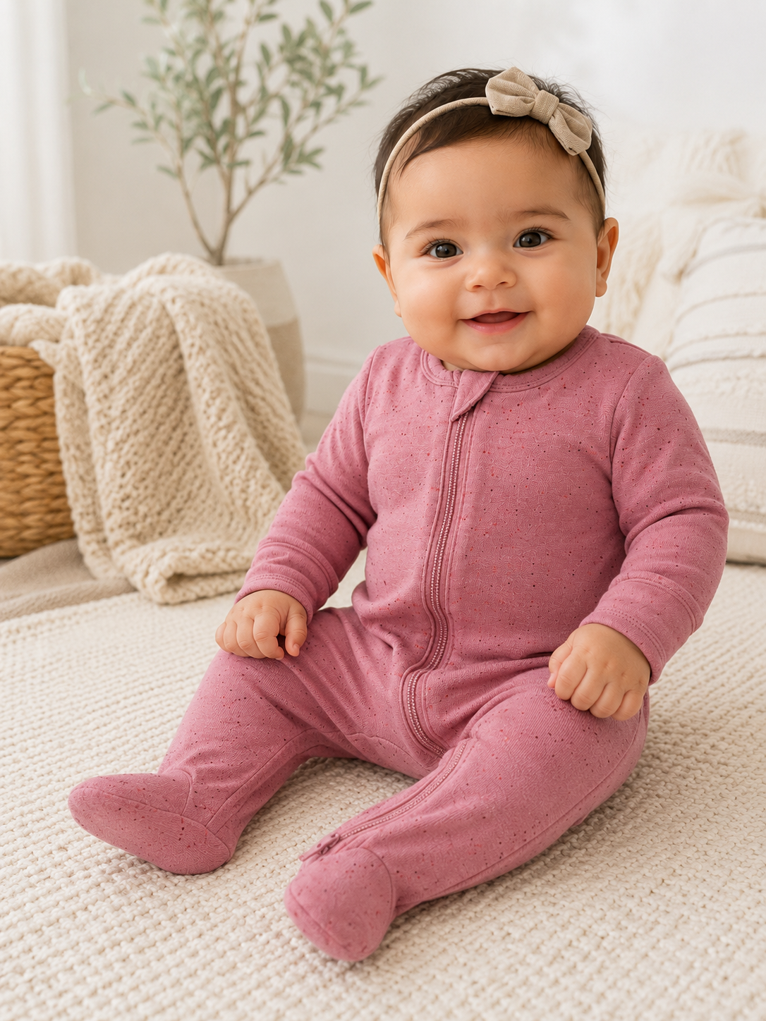 Smiling baby in a pink onesie, sitting on a cozy blanket with a decorative plant nearby.