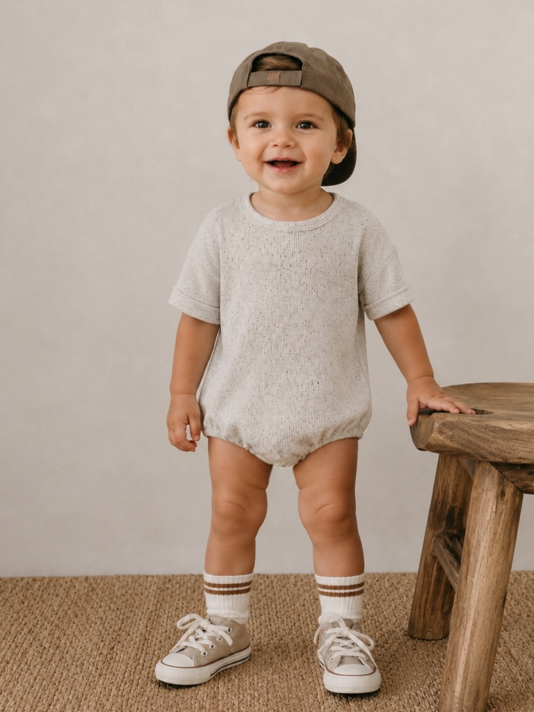 Toddler in a light gray outfit and cap, smiling while standing beside a wooden stool on a natural fiber rug.
