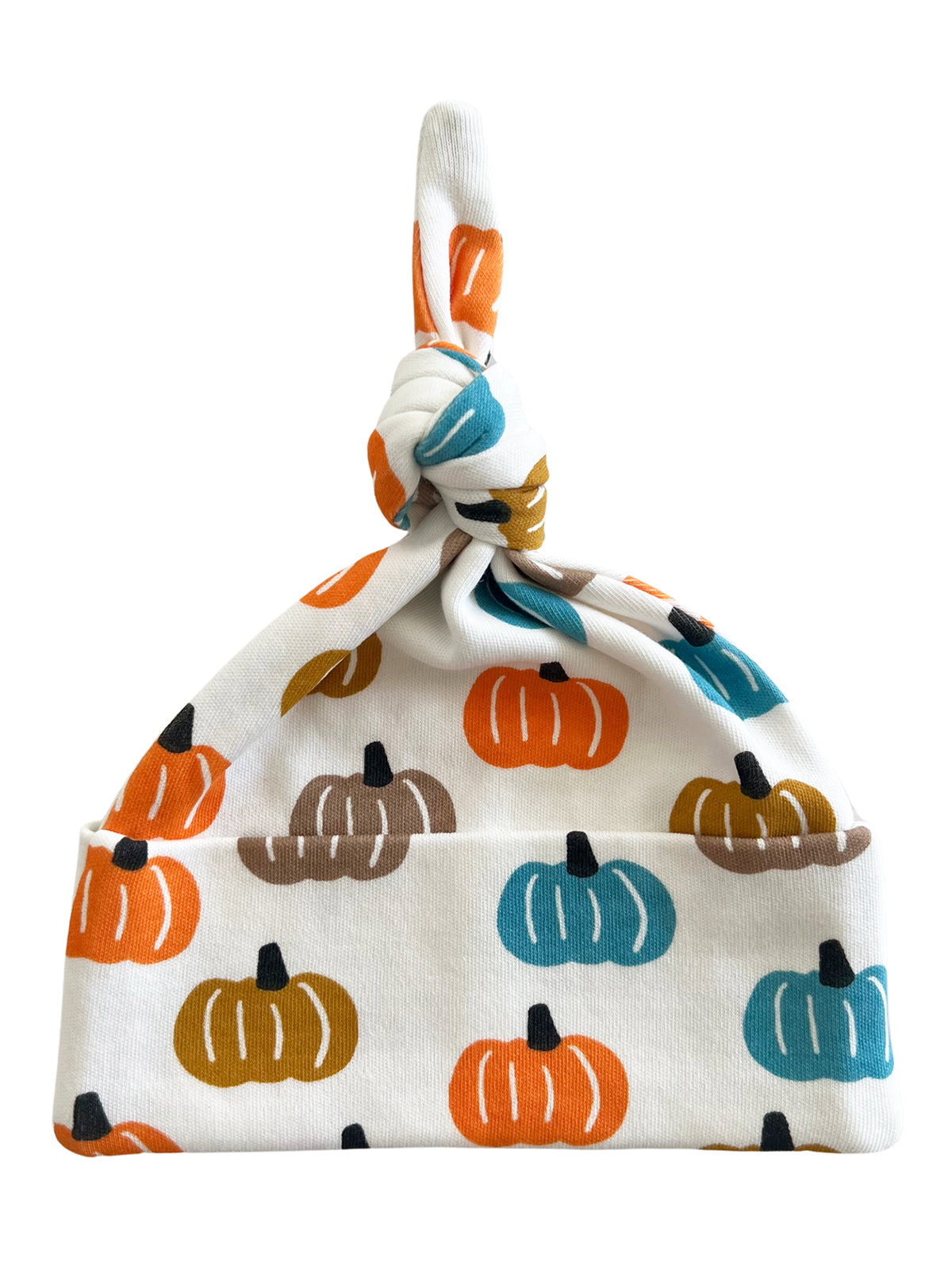 Knotted baby hat with colorful pumpkin prints in orange, teal, brown, and green on a white background.
