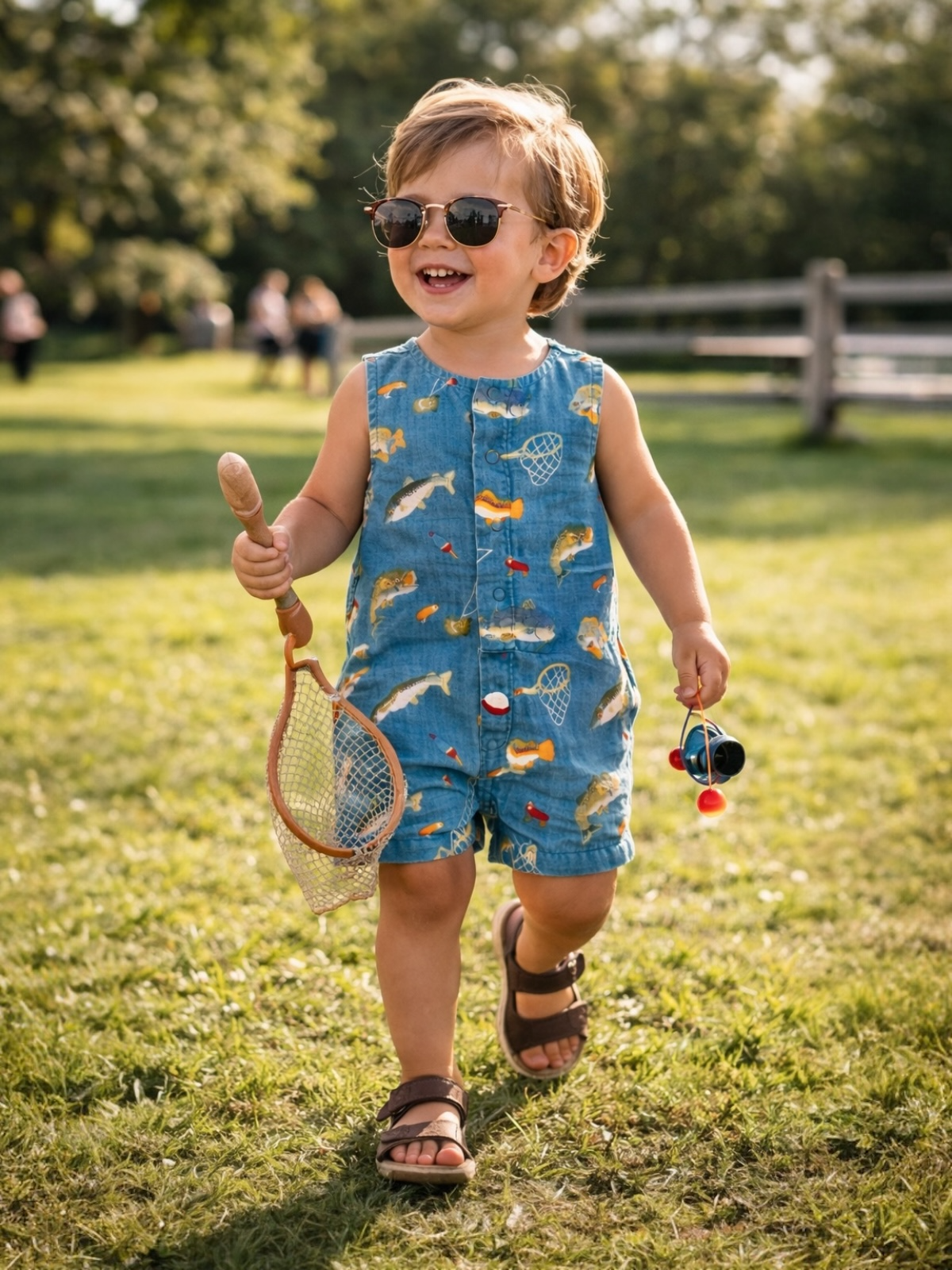 Smiling child in sunglasses wearing a fish-patterned romper, holding a toy net and colorful items, walking in a grassy field.