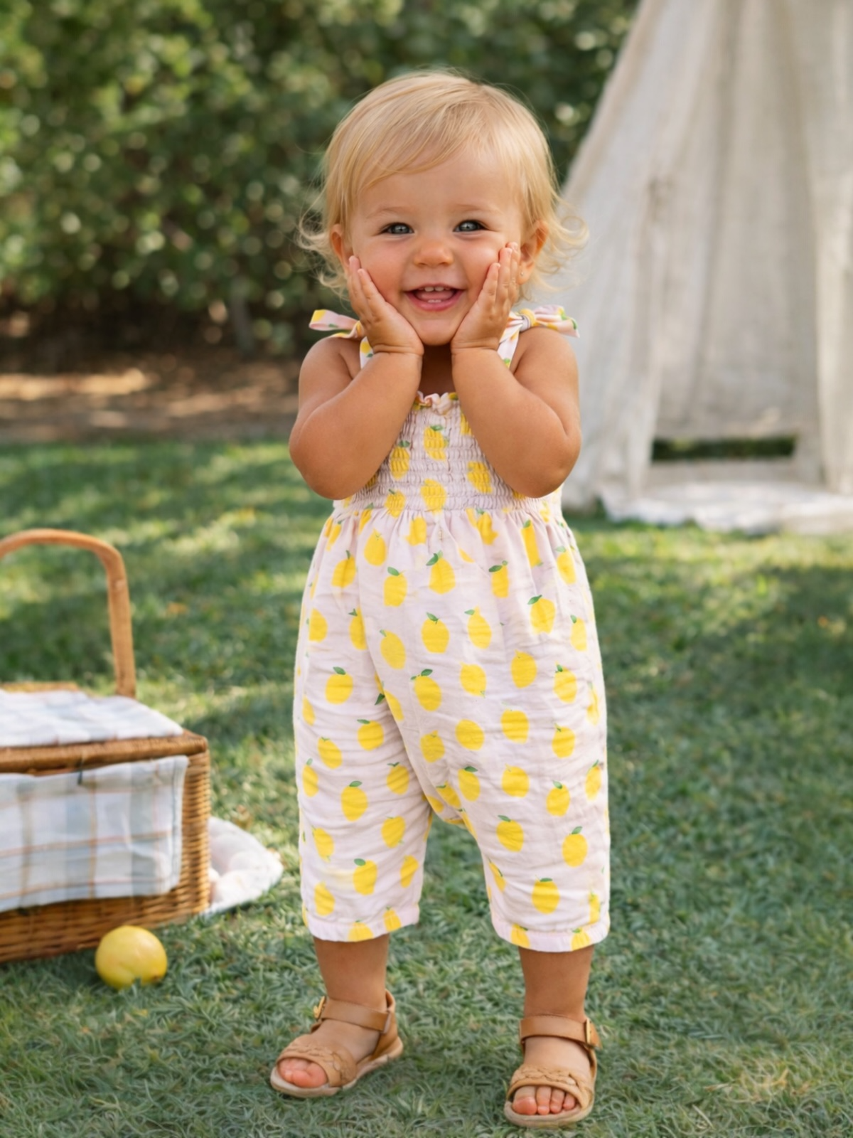 Smiling toddler in lemon-patterned outfit, hands on cheeks, standing in grassy area with a picnic basket nearby.