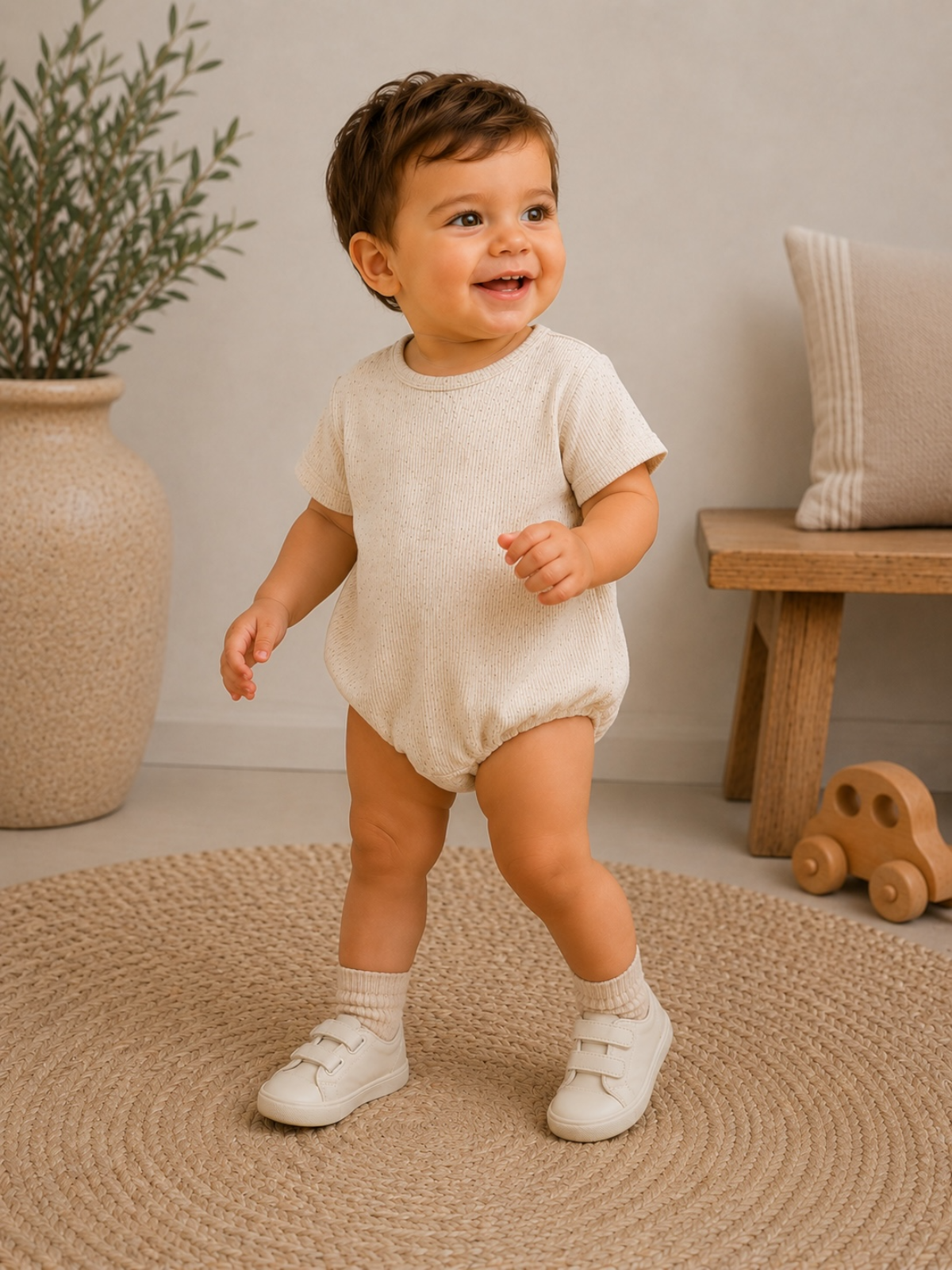 Smiling toddler in a light onesie and sneakers, playing on a textured rug with plants and wooden toys nearby.