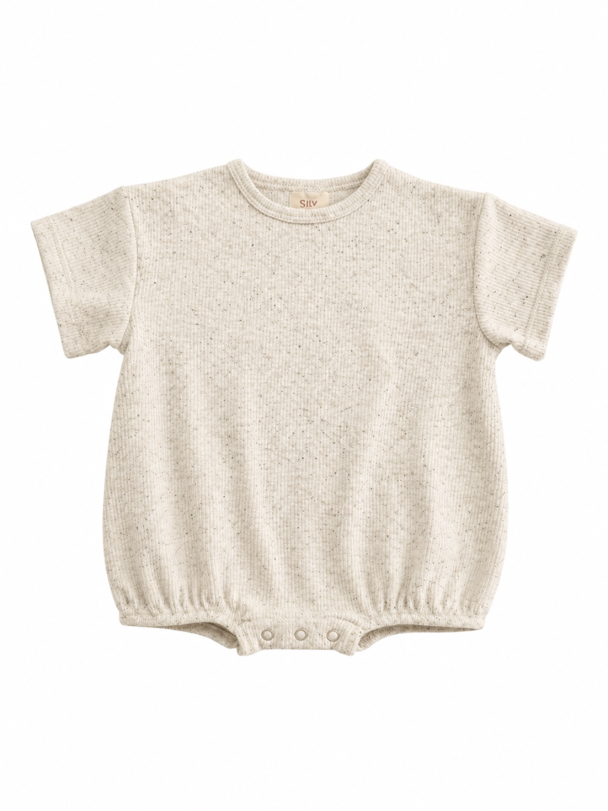 Light gray short-sleeve baby onesie with a textured pattern and snap button closure at the bottom.