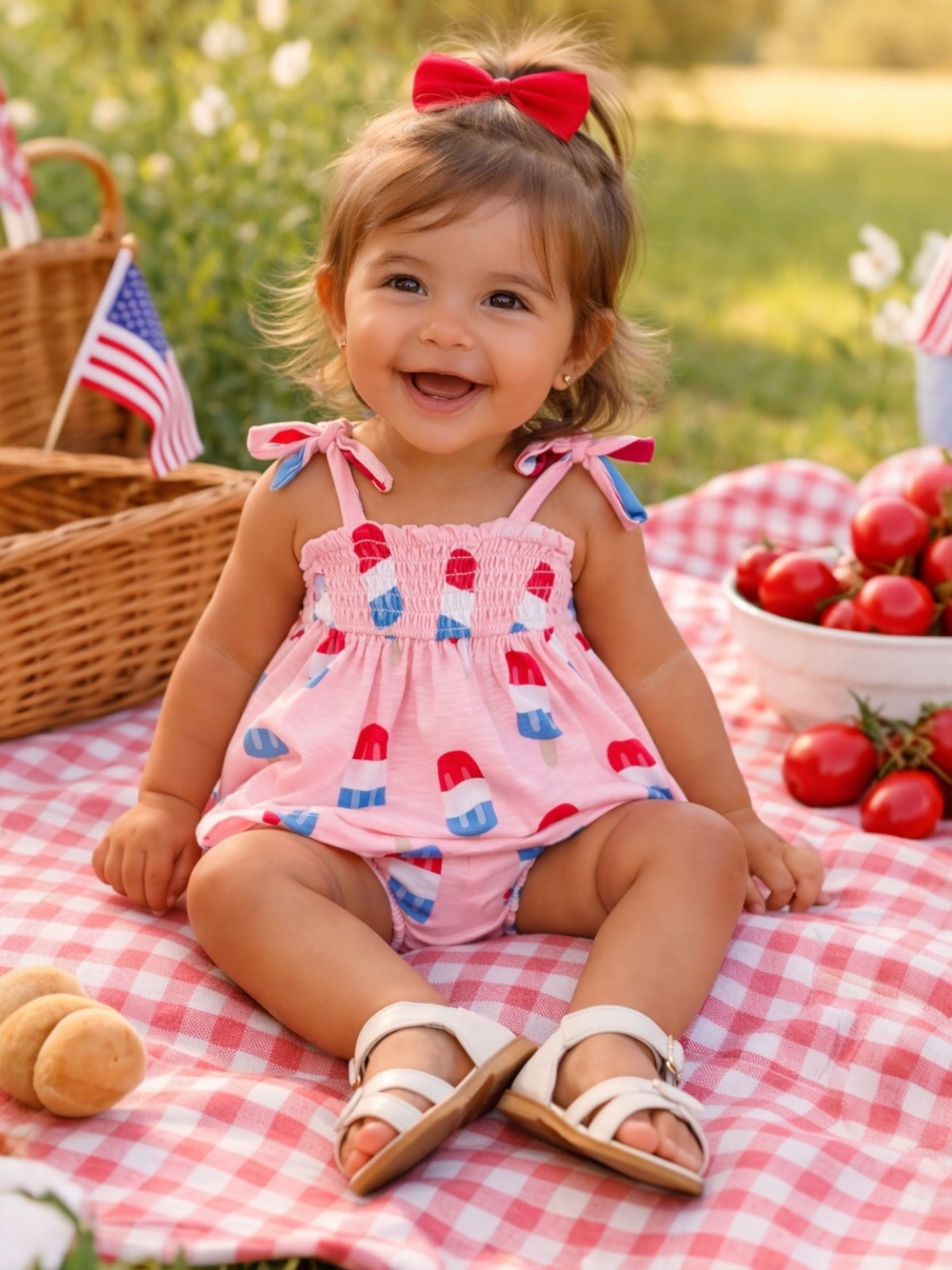 Smiling toddler in a pink popsicle outfit, sitting on a picnic blanket with baskets and fresh tomatoes.