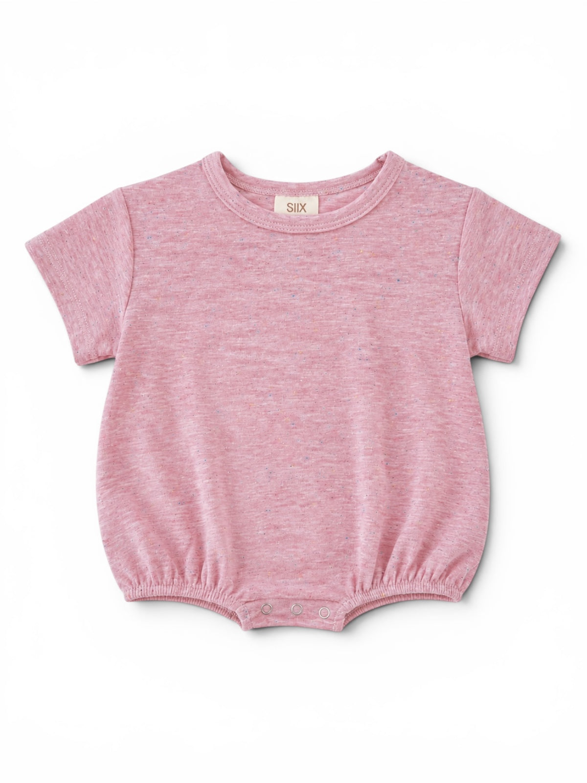Light pink short-sleeve baby bodysuit with elasticated bottom and snap closures. Ideal for comfort and style.