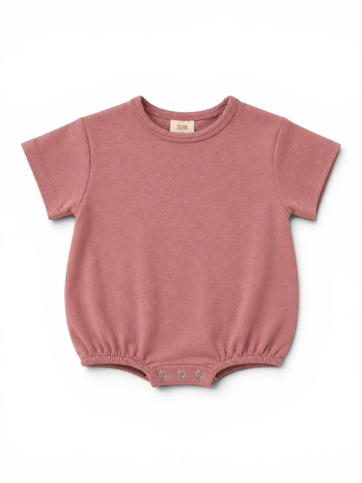 Pink baby bodysuit with short sleeves and snap closure at the bottom displayed on a white background.
