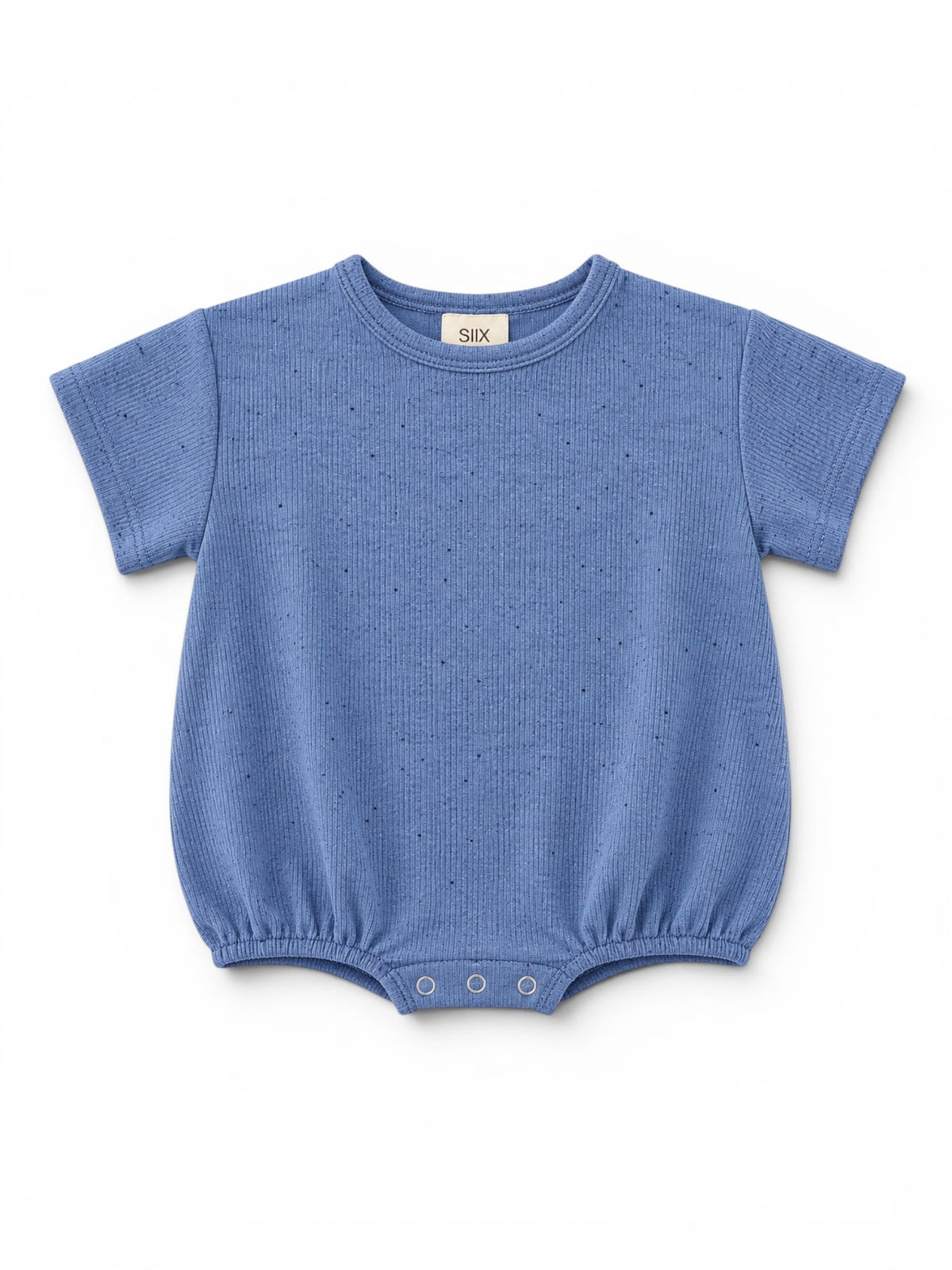 Light blue short-sleeve baby onesie with a ribbed texture and snap closures at the bottom.
