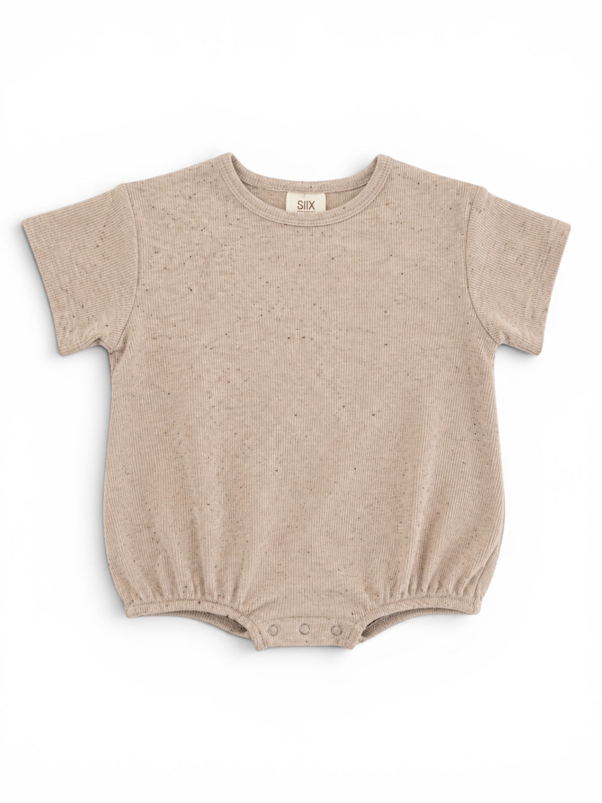 Light beige baby onesie with short sleeves and snap closures at the bottom, featuring a textured fabric.