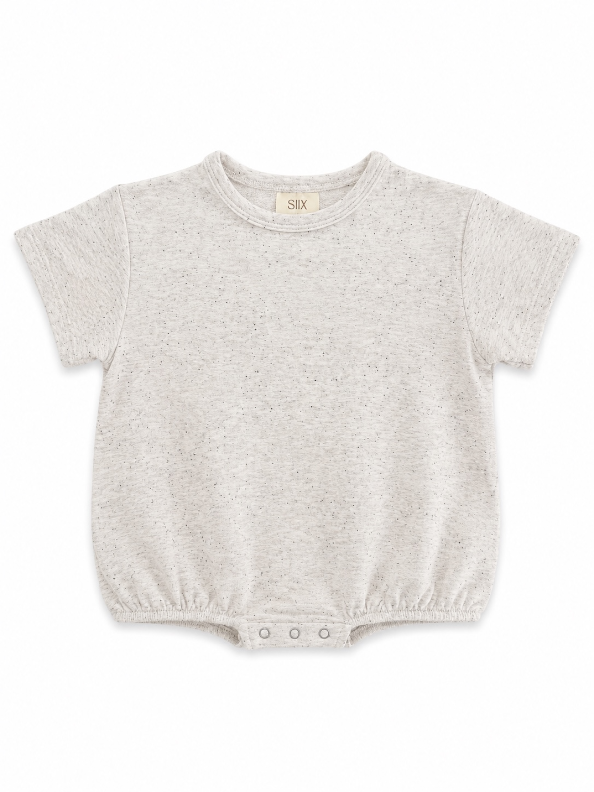 Light gray baby t-shirt with short sleeves and snap closure at the bottom, featuring a speckled design.