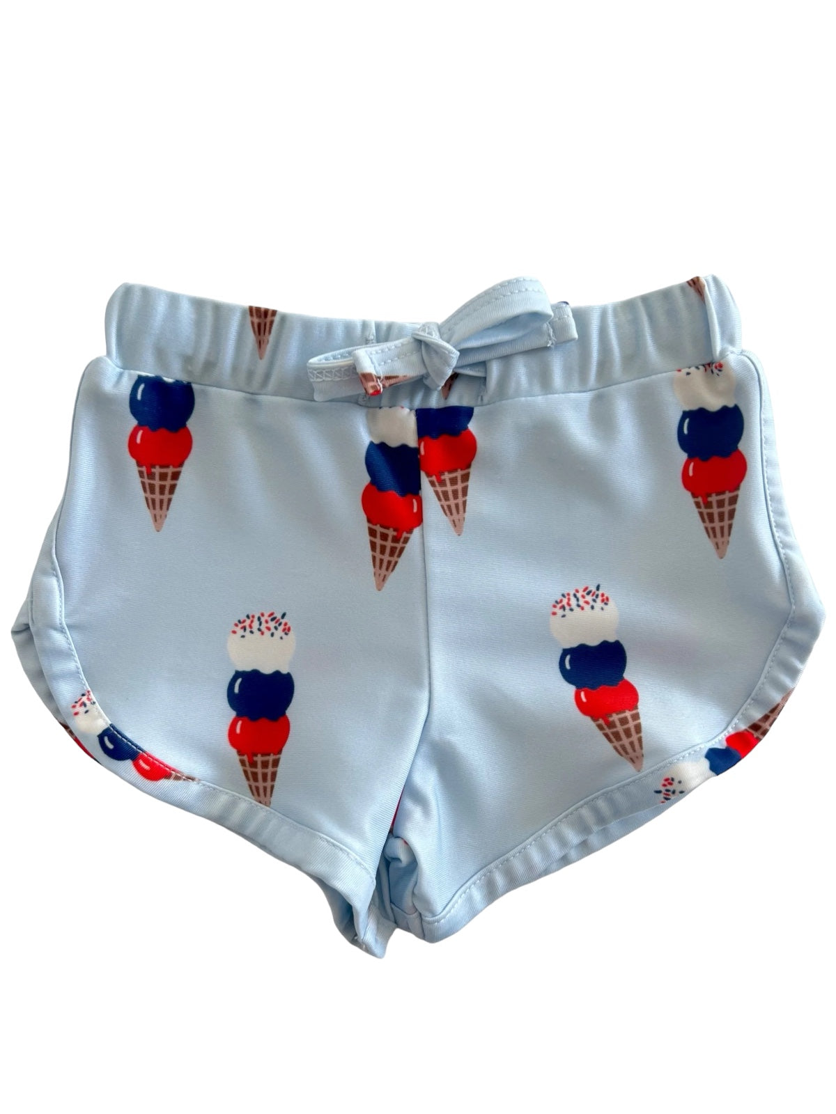 Light blue shorts featuring a playful ice cream cone print in red, white, and blue.