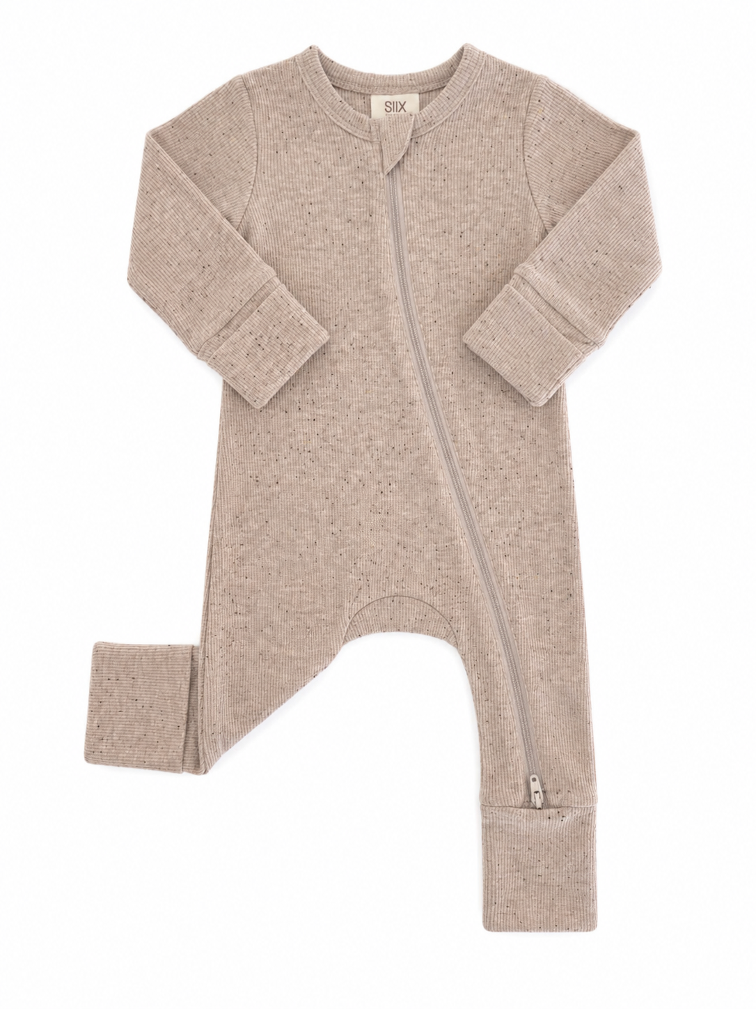 Beige baby onesie with long sleeves and a front zipper, made from soft ribbed fabric with speckles.